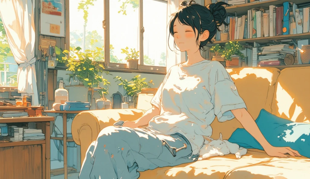 flat illustration, The watercolor, anime style, you asked for it, with the Brazilian woman as the focal point of the scene. She sits with her back to us on a concrete porch, her arms resting on her knees and her straight black hair falling around her shoulders. She wears a light blue blouse with thin straps and a floral skirt, her lips are a striking red and she wears black flip-flops. A brown plaid bag sits on the balcony, and the background has a beige wall with a window and potted plants by Daniela Uhlig