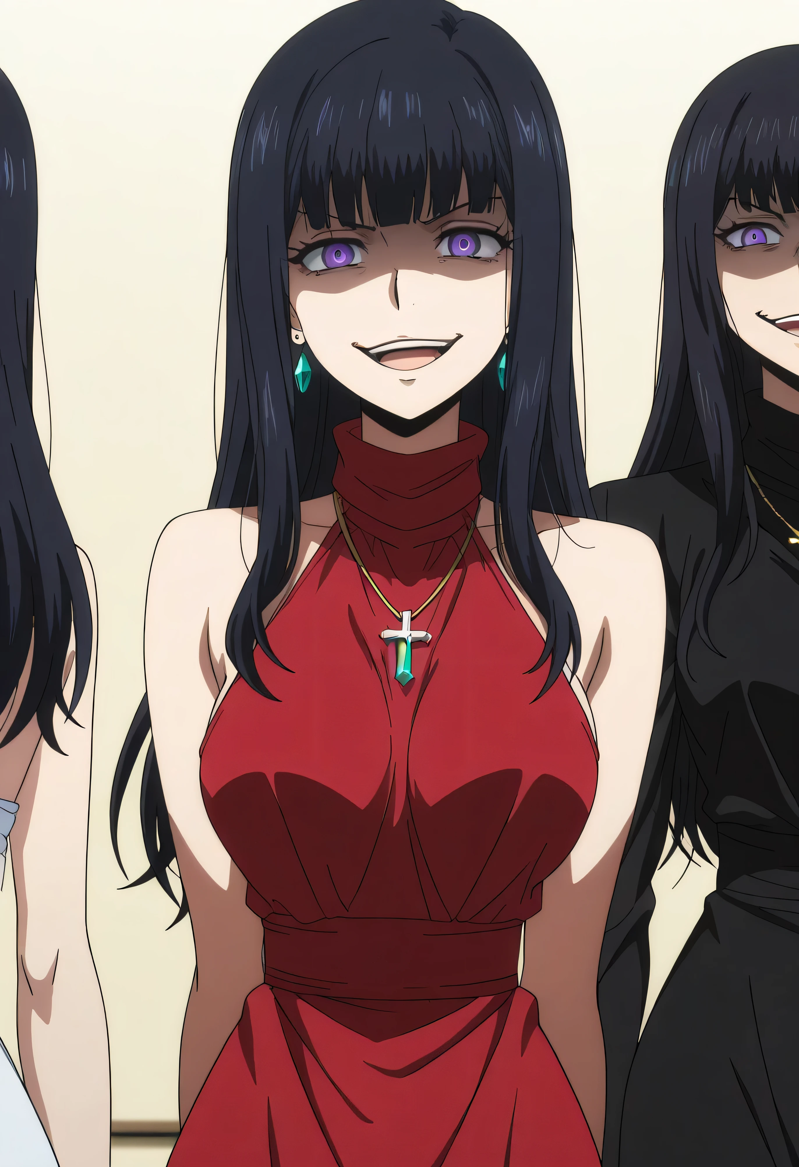 black hair,long hair,have purple eyes,red sleeveless dress,,ear piercing, long hair, , ,Hot Girl, villain, , charming ,cross necklace, masterpiece, best quality, very detailed, a girls in long dress with ネイビーカットアウト posing for a picture, evil smile, smile, open mouth, (nsfw) inappropriate at work, exposed dress, Beautiful Dress ,official artwork, gem, earrings, intricate detailed background, , richly decorated , ,, medium large breasts ,watching viewers , , Anipai _style , Anime Screencap , anime coloring,