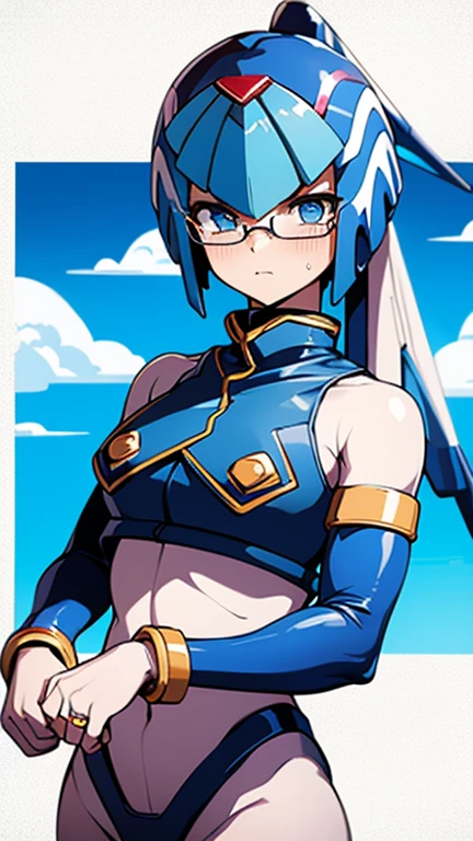 Leviathan_Megamanz, 1 Girl, looking at viewer, blue hair, Blue eyes, Simple background , Blushed ,  , Wedding ring, Leaning on a table , Glasses , sharped Eyes, Naked, Blue Micro Bikini 