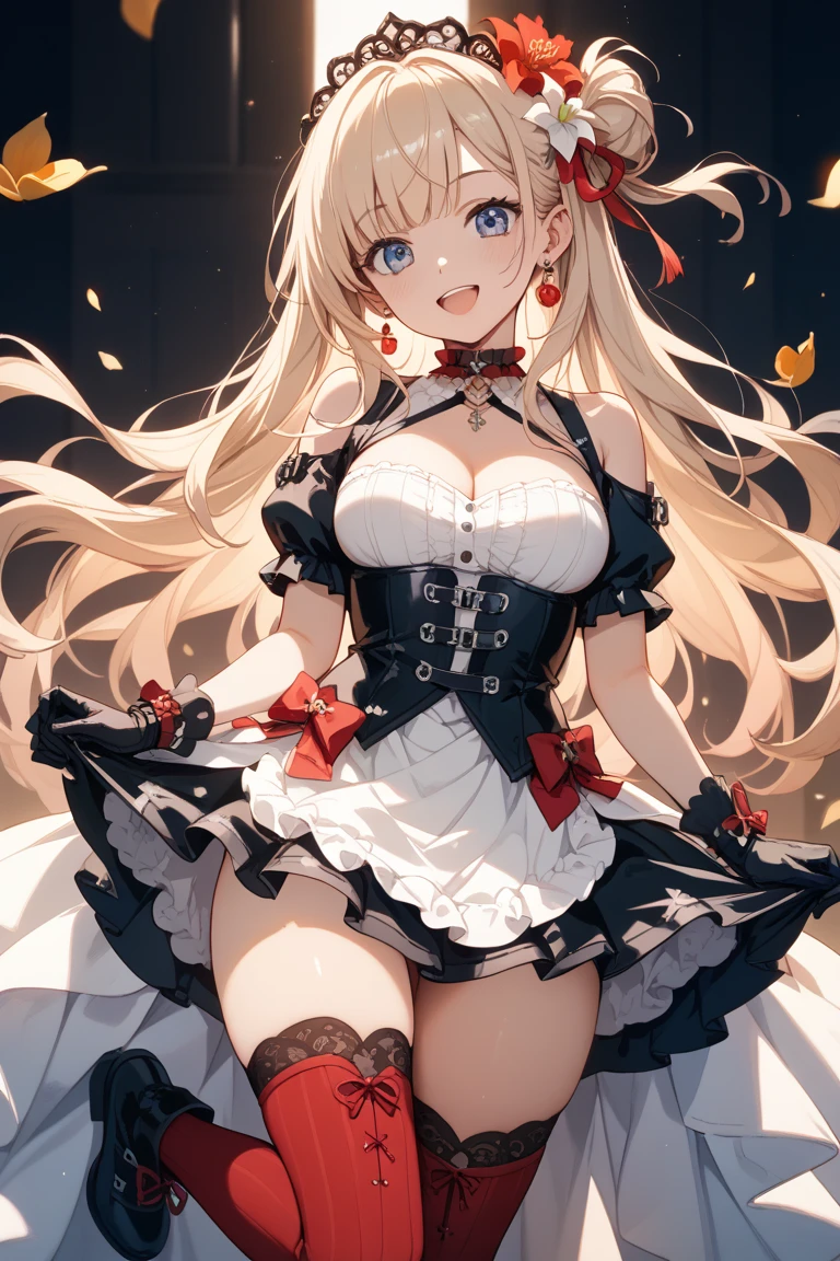 ((highest quality、High resolution、8K、masterpiece:1.3))、dynamic angle、I can see the whole body、wallpaper、1 girl、unparalleled beauty、ultimate beauty、super detailed face、delicate eyes、smile shyly、sexy look、(seducing me sexually)、looking at the camera、Depth of bounds written、light particles、side light、long hair、blonde、Maid outfit decorated with jewels、(exposed nipples)、(Holding down the skirt with both hands)、(The wind flips up the skirt and reveals the panties.)、Open chest、big breasts、cleavage、Thighhighs、thighs、slim、slender、Old castle at night