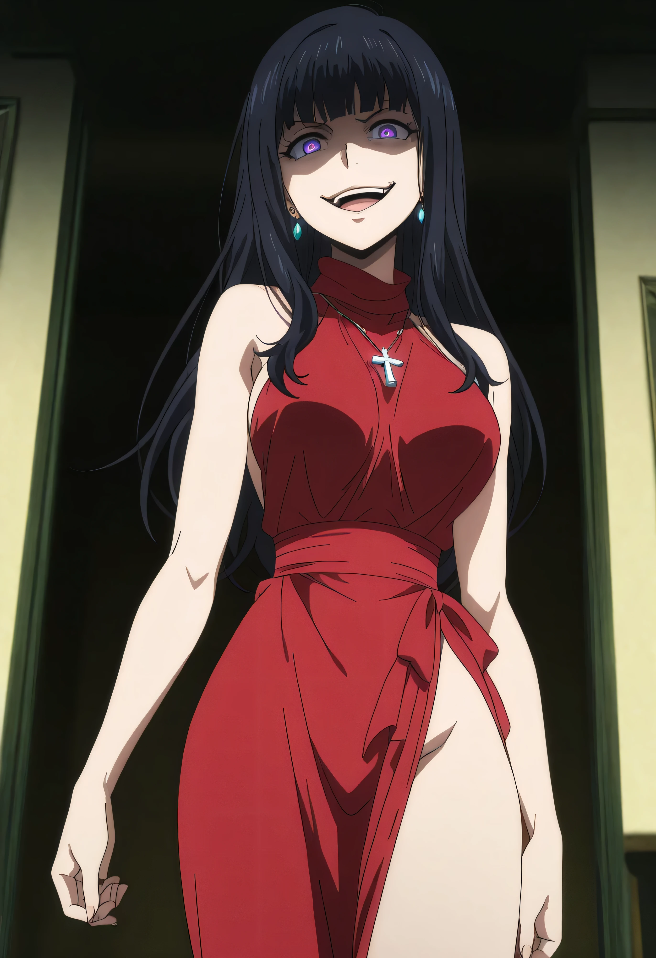 black hair,long hair,have purple eyes,red sleeveless dress,,ear piercing, long hair, , ,Hot Girl, villain, , charming ,cross necklace, masterpiece, best quality, very detailed, a girls in long dress with ネイビーカットアウト posing for a picture, evil smile, smile, open mouth, (nsfw) inappropriate at work, exposed dress, Beautiful Dress  ,official artwork,  gem, earrings, intricate detailed background,  , richly decorated ,  ,, medium large breasts ,watching viewers , , Anipai _style , Anime Screencap , anime coloring, solo,1girl,
