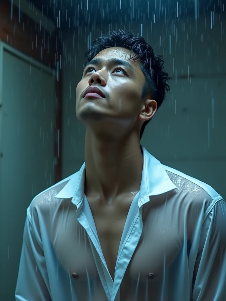 a close up of a Taiwanese man in a shower, asian male, under a shower, wet hairy bodies, water dripping off him, twink, damien tran, prefect body, beautiful handsome body, full body shot close up, sexy masculine, clean shaved, hairy body, smooth waxy skin, wet body, full body close-up shot