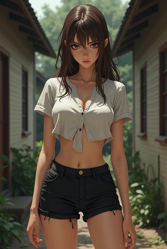 masterpiece, realistic eyes, best quality, bamboo, closed mouth, beautiful lighting, cinematic, 8k, solo, 1girl, facial, wet face, liner, wooden walls, medium tits, white shirt, short shorts, back, wide hips, cum, kamado nezuko, pink eyes,