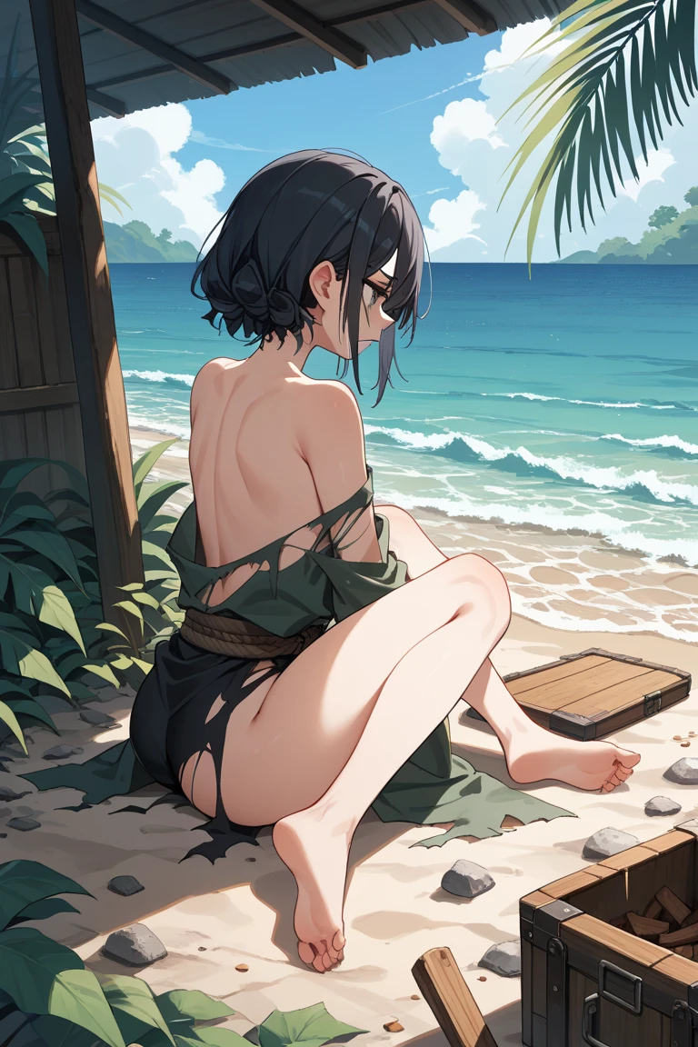 Duskfallcrew Art Style, masterpiece, official art, best quality, 1girl, solo, thin bikini, back, from behind, back, black choker, outdoors, <lora:DuskArt_V7-10:.5>
