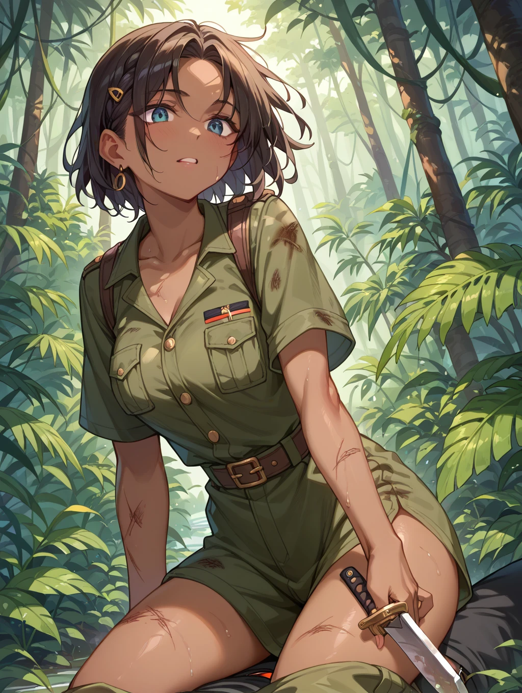 (masterpiece, best quality, detailed), 1girl, solo, looking at viewer, green hair, ponytail, glasses, brown eyes,
<lora:camouflage_uniform04:0.8>, wearing camouflage_uniform, jungle, nature, vines, moss, fern, tropical, dappled sunlight, indian style, hands on feet, closed mouth