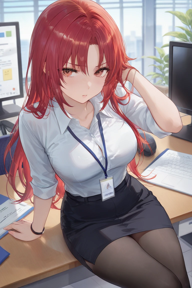 1girl, red hair.green eyes. Long hair .office wear