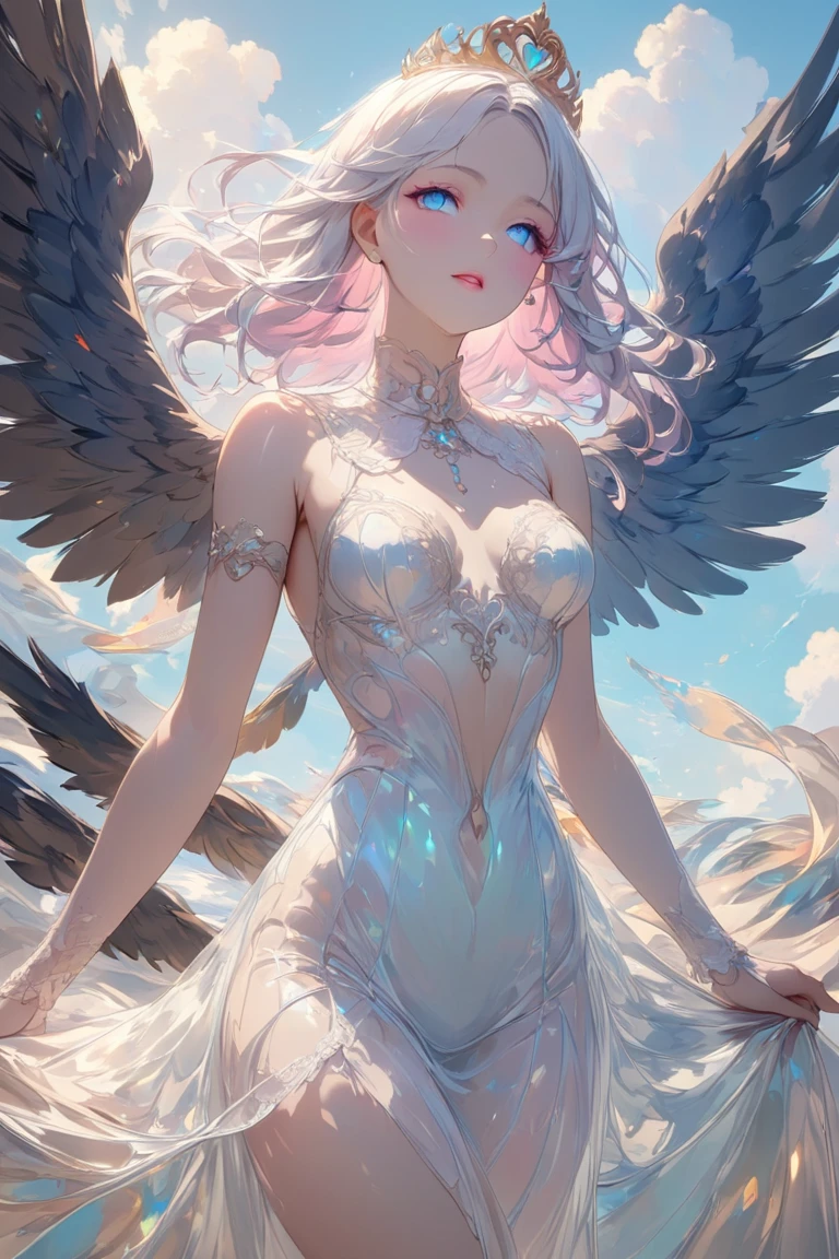 ((best quality)), ((masterpiece)), (detailed), alluring succubus, ethereal beauty, perched on a cloud, (fantasy illustration:1.3), enchanting gaze, captivating pose, delicate wings, otherworldly charm, mystical sky, (Luis Royo:1.2), (Yoshitaka Amano:1.1), moonlit night, soft colors, (detailed cloudscape:1.3), (high-resolution:1.2)