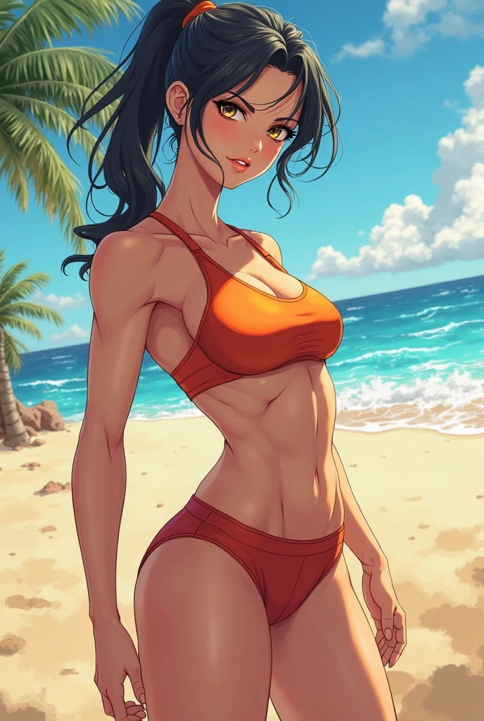 ,(best quality, ultra-detailed, realistic:1.37, masterpiece:1.2), woman, beautiful detailed eyes, beautiful detailed lips, brown hair tied up, smile,red micro bikini, (muscular body:1.1),slim figure, caustics, textile shading, toned body, clean abs, palm trees swaying, ponytail,