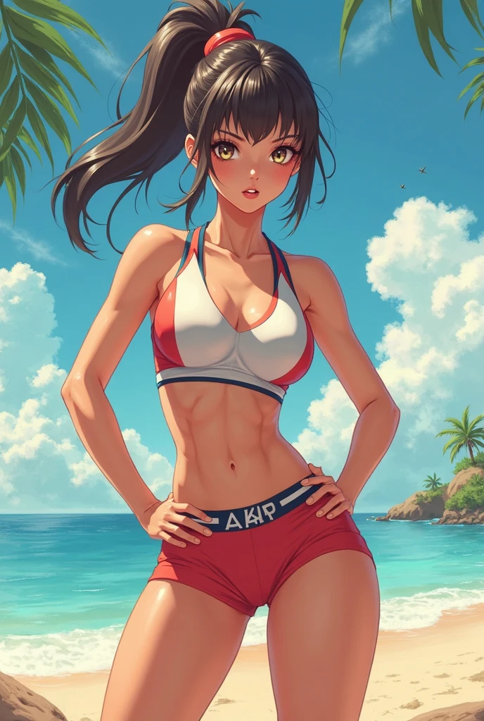 realistic, masterpiece, ray tracing, twintails hair, bikini, tight clothing, sleeveless, huge breasts, nipple, nipple visible through bra, cleavage, red lipstick, black hair, blue eyes, wide hips, thick thighs, muscles, abs, action pose, pretty face, on top of hill, grass, flowers, trees, sitting down, watching sunset, stars, night sky, moon, clouds