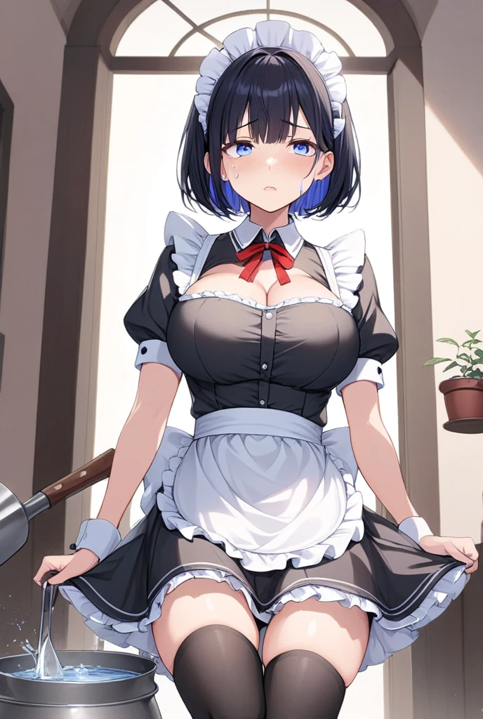 (masterpiece, best quality, ultra-detailed, high resolution, detailed eyes), takeda hiromitsu style, 1 woman, solo, long black hair, large breasts, looking at viewer, cowboy shot, glasses, (maid costume)