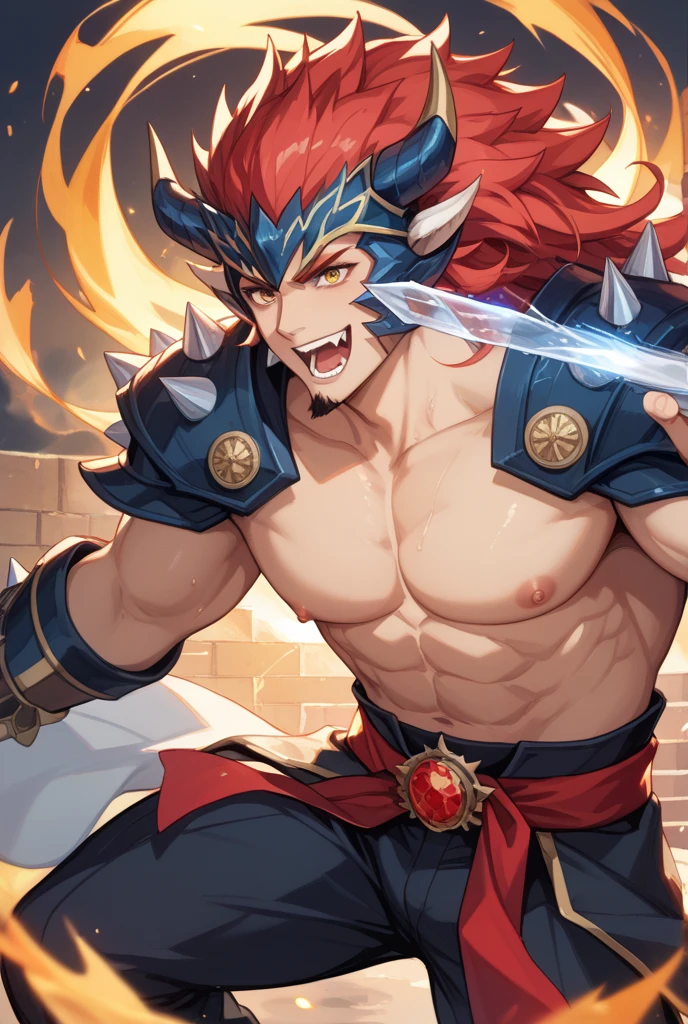 wilnas, granblue fantasy, (masterpiece:1.5), (best quality:1.5), (high quality:1.5), (solo:1.27), (muscular male:1.27), (bara:1.27), satisfaction, happy, pleasure, (dynamic angle:1.21),(dynamic hair:1.27),(detailed pupils:1.21),looking at viewer, (dynamic pose:1.15), (beautiful detailed hands:1.21), illustration, (cinematic light:1.15), ultra detailed, (disheveled hair:1.34), big bulge, (large pectorals:1.3), pectoral cleavage, sidepec, (abs:1.3), (thighs:1.3), (bulky:1.2), novel_illustration, anime_screencap, flaming sword, explosion, male focus, fire, fiery wings, fiery hair, flame, pyrokinesis, breathing fire