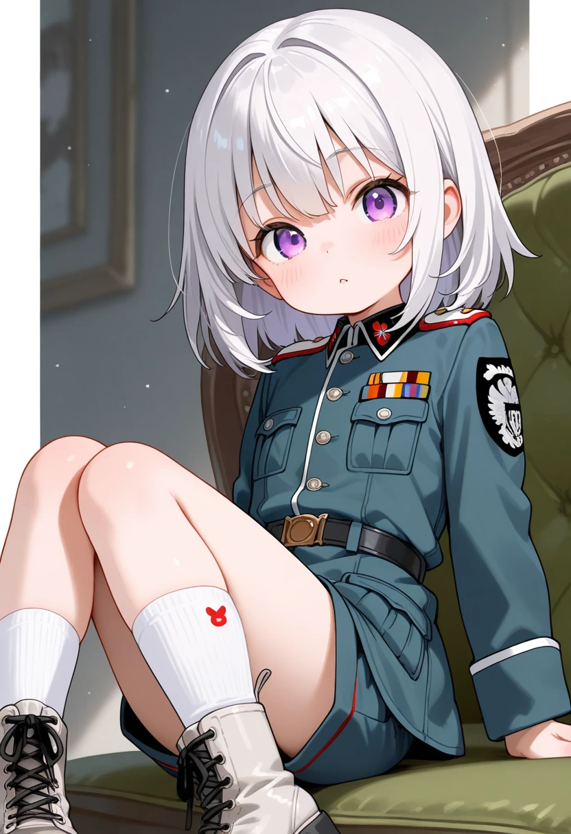 masterpiece, best quality, highres, aahws, long hair, white hair, head wings, blunt bangs, glasses, military uniform, red necktie, black jacket, long sleeves, brown gloves, no pants, white panties, black thighhighs, <lora:heidimarie_w._schnaufer_v1:0.7>, wariza, grass, :o. field,