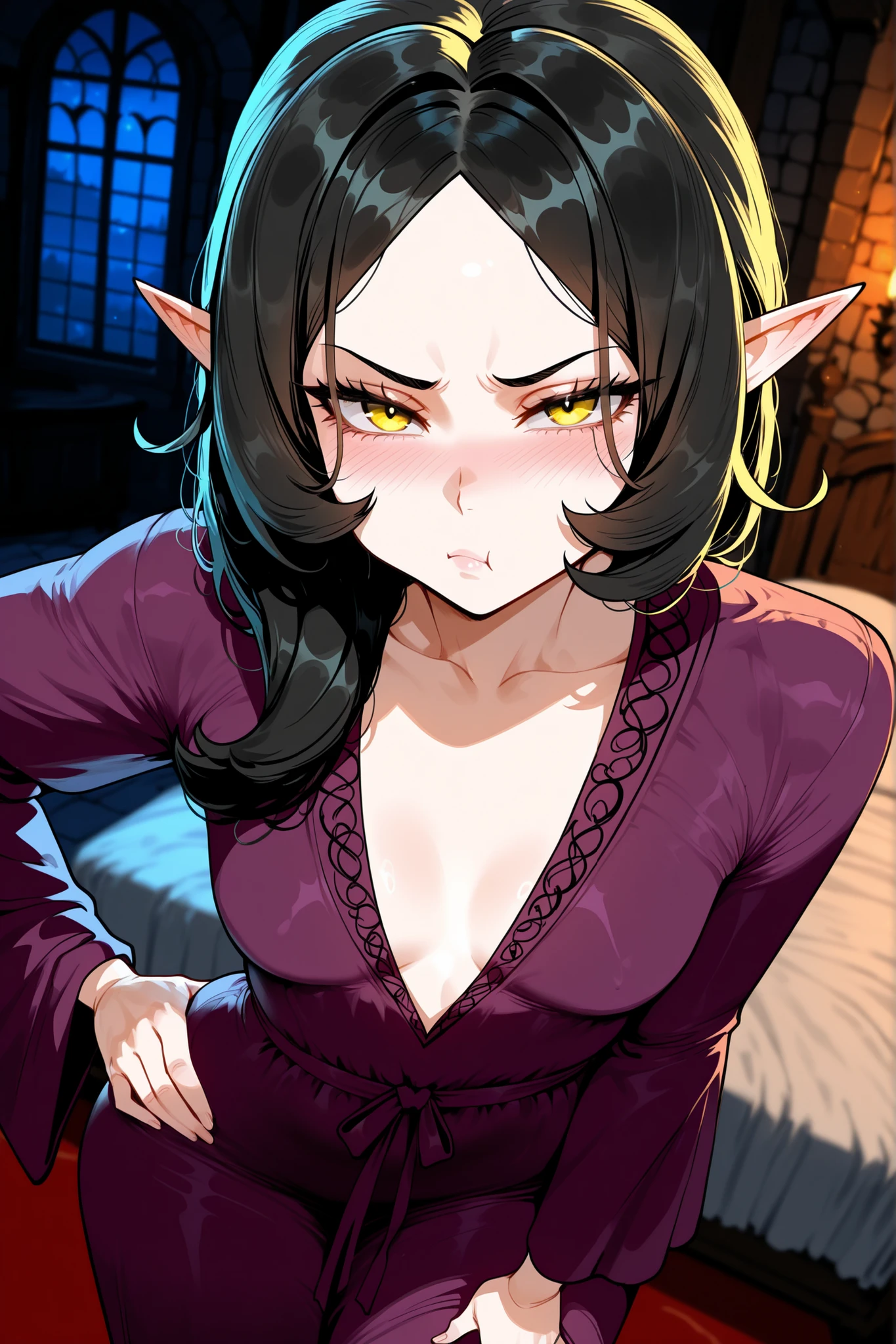 1girl, solo, upper body, black hair, very short hair, very curly hair, black eyes, long eyelashes, thick eyelashes, looking at viewer, angry face, black shirt, goat horns, black horns, elf ears, home background, livingroom background, gigant breasts, dynamic pose, choker