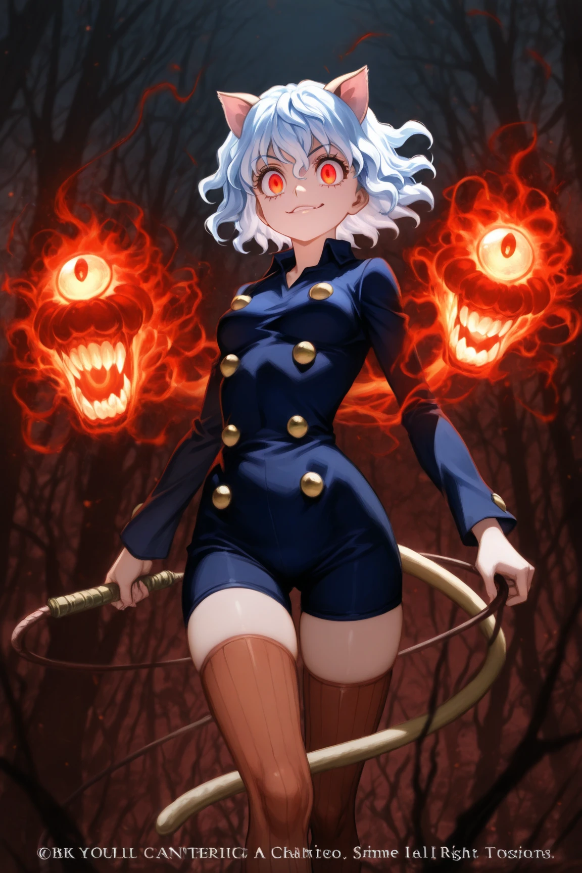 1girl,neferpitou1,white hair,short hair,messy hair,red eyes,cat ears,blue tshirt,smile,psycho smile,madness,madness smile, empty eyes,yandere,yandere smile,dark,darkness,moon light,(from below),(closeup),masterpiece,extremely detailed CG unity 8k wallpaper, best quality,32k,focus sharp, <lora:neferpitou_v1:1>, <lora:add_detail:1>, <lora:yameroyandere-v2:0.6>