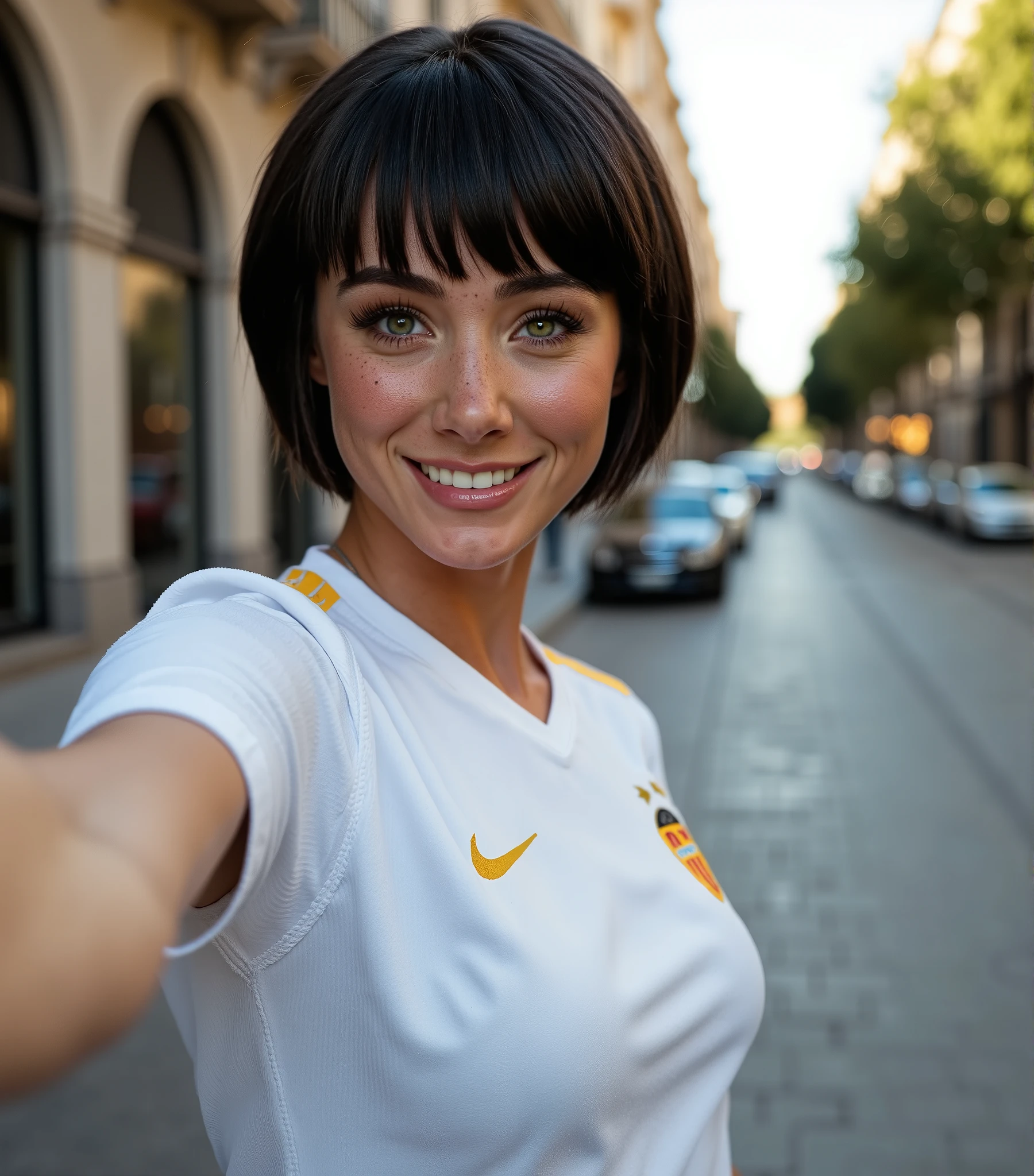 (sexy), ultrahigh resolution, great quality, 8k, photo and raw, best quality, masterpiece, hyperrealistic, incredible, photorealistic, extremely detailed, sharp focus, real person, very attractive and beautiful, (Sara Jean Underwood), (Sara Jean Underwood's facial features), (Sara Jean Underwood's face), (Sara Jean Underwood's body), (Silky jet black pixie cut hair with bangs), (green color eyes, iris and pupil perfectly defined), Detailed face, twenty three years old, model body, sexy body, (She wearing glasses and smiling happily taking a selfie in the streets of downtown Valencia wearing the new white Valencia CF soccer jersey for the 25/26 season, blue jeans, and white sneakers), (with very little makeup on, full body photo, Sara Jean Underwood, Realistic, sensual look, sexy, Instagram model, sensual posing, natural pose, happy and sexy expression, goddess, perfect physical proportions, freckles on the nose), perfect mouth, perfect legs ,sinuous look, sexy look, stitching, (detailed skin), cinematic lighting, perfect detailed and pretty eyes, (Highly detailed body, perfect body measurements), detailed and tempting lips, (Body measurements 36D-24-34), (height 165 centimeters, weight 52 kilos), marking body clothes, marked breasts, rosy cheeks, juicy and sexy lips, perfect lips, wild and sexy hair, Full body view, Highly detailed CG unit 8k wallpaper, shot style, complex, High detail, Dramatic, Highest Quality Movie Still Image, Realistic Ultra Detailed Rendering Style, Natural Light, Crisp Character, DSLR, iphone 16 pro max, (intricate details), natural photography, natural light, extremely realistic and natural pose