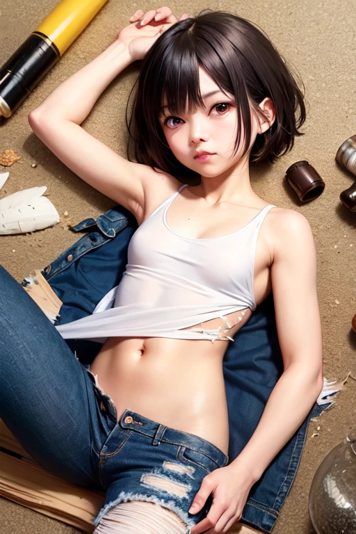 (8k, RAW photos, best quality, masterpieces, : 1.2), (realistic, photorealistic: 1.37), 17-year-old Japan girl with sad face lying on the ground, sad expression of despair, expression of anxiety, (lying on her back on the floor: 1.2), poor, dirty room littered with garbage, torn and dirty tattered dirty clothes, disheveled clothes, torn fabric, (clothes with blood stains: 1.2) , collarbone, no bra, cotton panties, leg panties, torn micropants, dirty hair, dirty face, dirty skin, wet skin, (bloody skin: 1.2), muddy skin, muddy feet, bare feet, small breasts, cleavage, unkempt hair, sweat, sweat drops, sunburn, close-up, from directly above, old kitchen, tile fragments, dark ruins, messy room, broken dolls, trash cans, top quality, Ultra High Resolution, Physically Based Rendering, Cinematic Lighting, Complex and Cinematic Look, Cluttered Rooms, Photorealistic, Dynamic Angles
