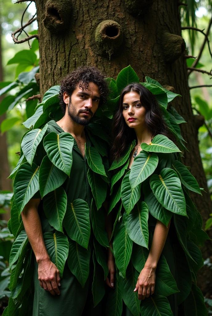 a man and a woman in a jungle with only green leaves covering their glasses, in an ambient jungle, in a jungle, jungles in the background, Adam and Eve, jungle in the background, in the jungle, in a rainforest, high quality image, in the background is a lush jungle, screenshot from a movie, in the jungle, jungle as a backdrop, dress made of green leaves