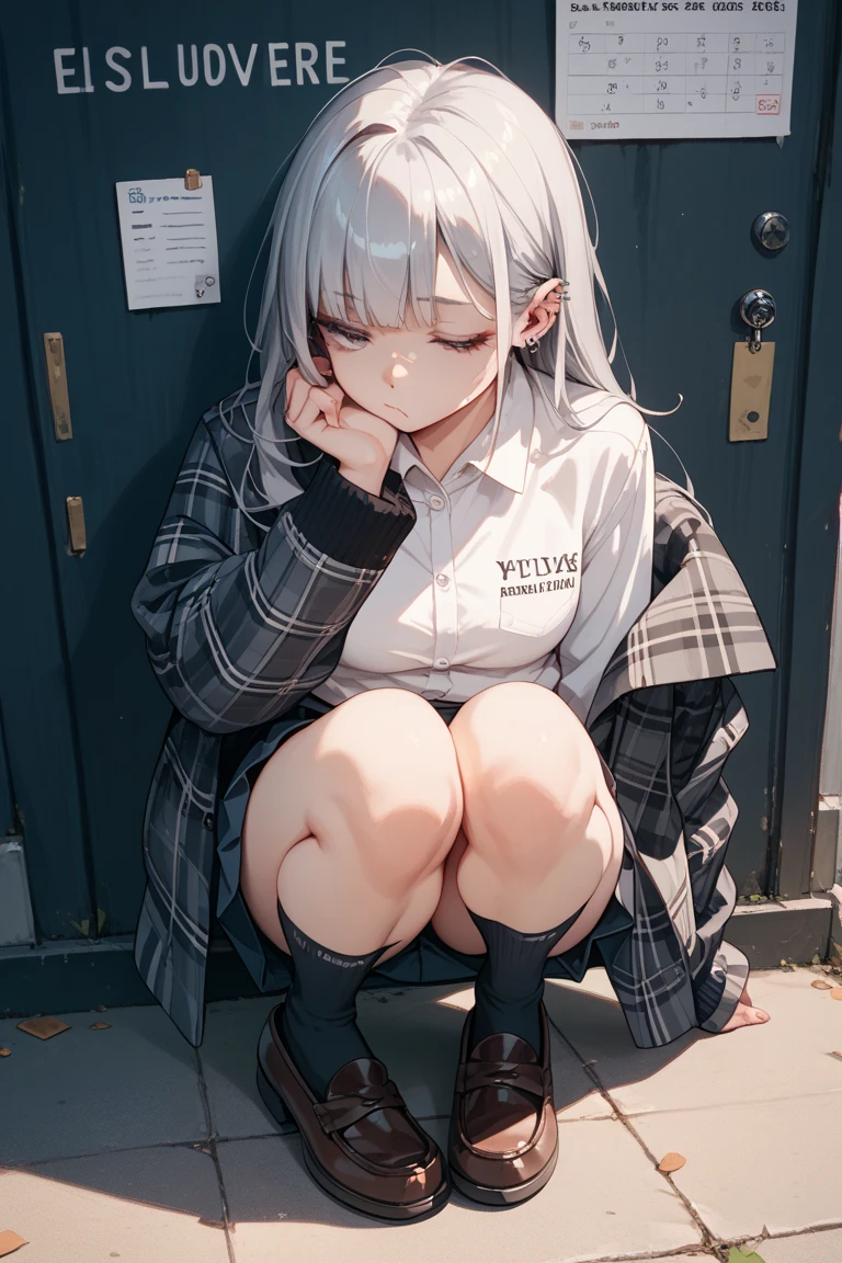 master piece,best quality,8k,
BREAK 1girl,(ultra detailed white skin:1.8),(shiny skin:1.2),(ultra detailed silver hair:1.3),(ultra detailed red eyes:1.3),
BREAK (albino:1.15),(bishojo),(cute),
BREAK (straight hair:1.2),(long hair),hair between eyes,french braid,(small breast:1.6),(blush:1.2),(sulking:1.2),
BREAK ,(white cardigan:1.5),(black bowtie:1.3),(black check skirt:1.4),(black thighhighs:1.3),(black lofa:1.3),
BREAK (pov:1.2),(squatting),(knees together feet apart:1.3),(one's school bag:1.2),(wet body:1.3),(wet hair:1.4),(full body shot:1.2),looking at viewer,
BREAK (in front of the entrance door
:1.3),(rain:1.4),(puddle:1.2),(wet day:1.2),
