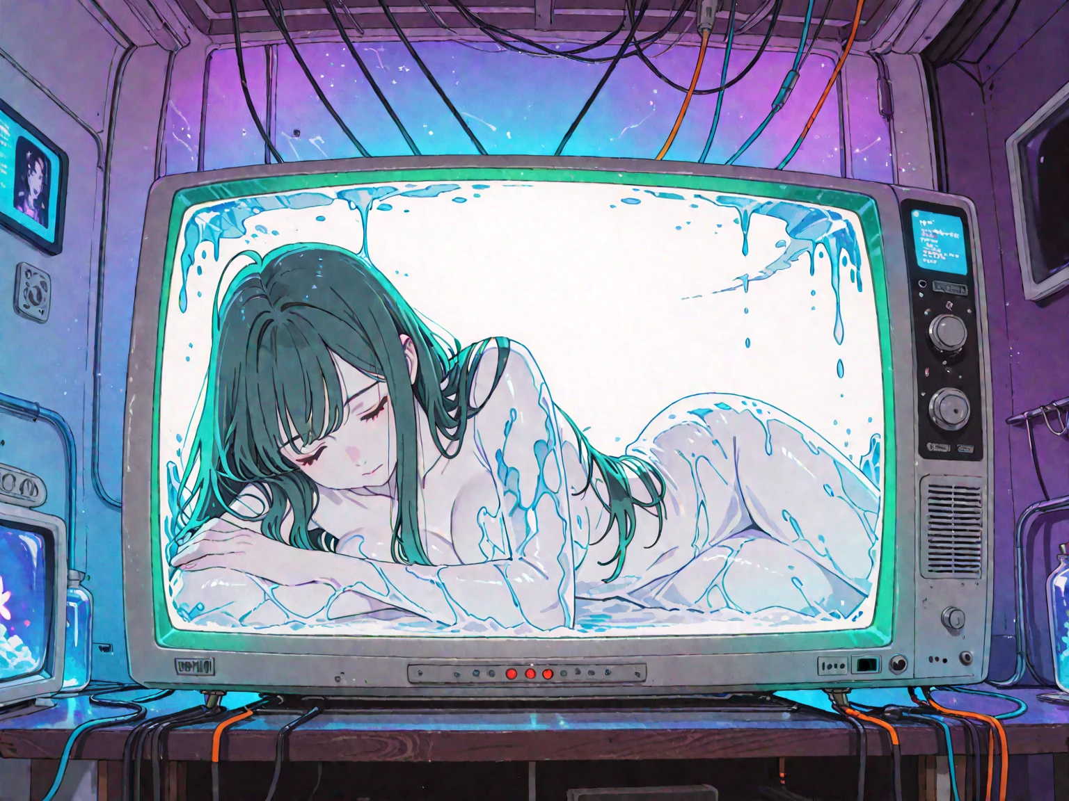 NFSW, Masterpiece, best quality:1.2, 1 girl, solo, striking teal and black bob-cut hair, (petit, tiny breast, small tits) tattoos, minimalist room with smut details at the wall, totally naked, (face dirty with sperm, piss and spits), geometric rug, contemporary art, edgy, stylish, bold aesthetic.