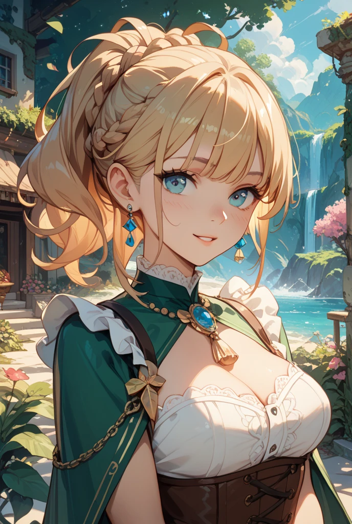 ((Highest quality)), ((masterpiece)), (detailed), (Perfect Face)、The woman is a Greek mythological figure wearing a white Doric chiton, with medium blonde hair and green eyes.