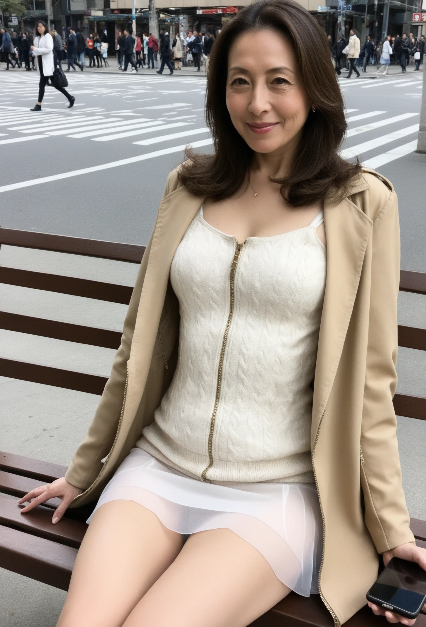 NSFW, ((Top Quality)), ((8K)), ((Masterpiece: 1.3)), (Perfect Appearance), (Photorealism: 1.6), (AIF), (woman squatting on the grass),  (She's squatting down and showing me her panties: 1.6), japanese woman, (58 years old), ((Realistic skin texture 1.8)), (Fine wrinkles throughout the skin: 1.3), (Dull skin: 1.1), (Skin without moisture: 1.2) , (Wrinkles on the face: 0.9), (Wrinkles on the corners of the eyes: 1.2), Double eyelids, tear bags on the lower eyelids, (Crying moles: 0.9), The eyes are looking here, serious gaze, (Dimples: 1.2), The gaze is looking diagonally upward to the right., long hair, soft fabric blouse, wide sleeves, Cuffs that fit your wrist, (The hem of the blouse is tucked into the skirt: 1.2), flare skirt, lifting up the skirt, (open legs), high heels, (panties), (pantyshot: 1.2), squatting, (underwear), (white panties: 1.0), (spread legs: 1.2), (whole body),