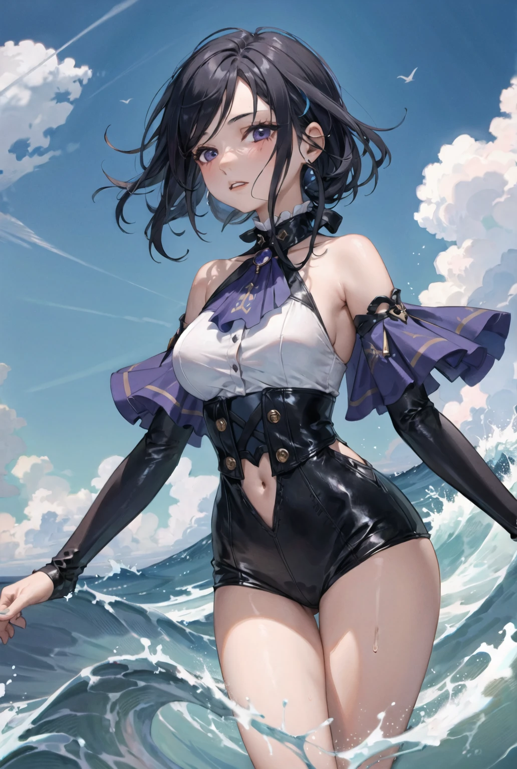 Masterpiece, top quality, best quality, official art, beautiful and aesthetic, anime, 1girl,extremely detailed, colorful, more detailed ((ultra-detailed)), (highly detailed CG illustration),Best Quality, High resolution, Unity 8k Wallpaper, (Illustration:0.8), (Beautiful detailed eyes:1.6), extra detailed face, Perfect Lighting, extremely details CG, (Perfect hands, Perfect Anatomy), seaside,sea,beach,clouds, black short hair,hat,smile, blue eyes,earrings,skinny fit,small breasts,wet, luxury bikini,from above,in centerof frame, looking into camera,soft light