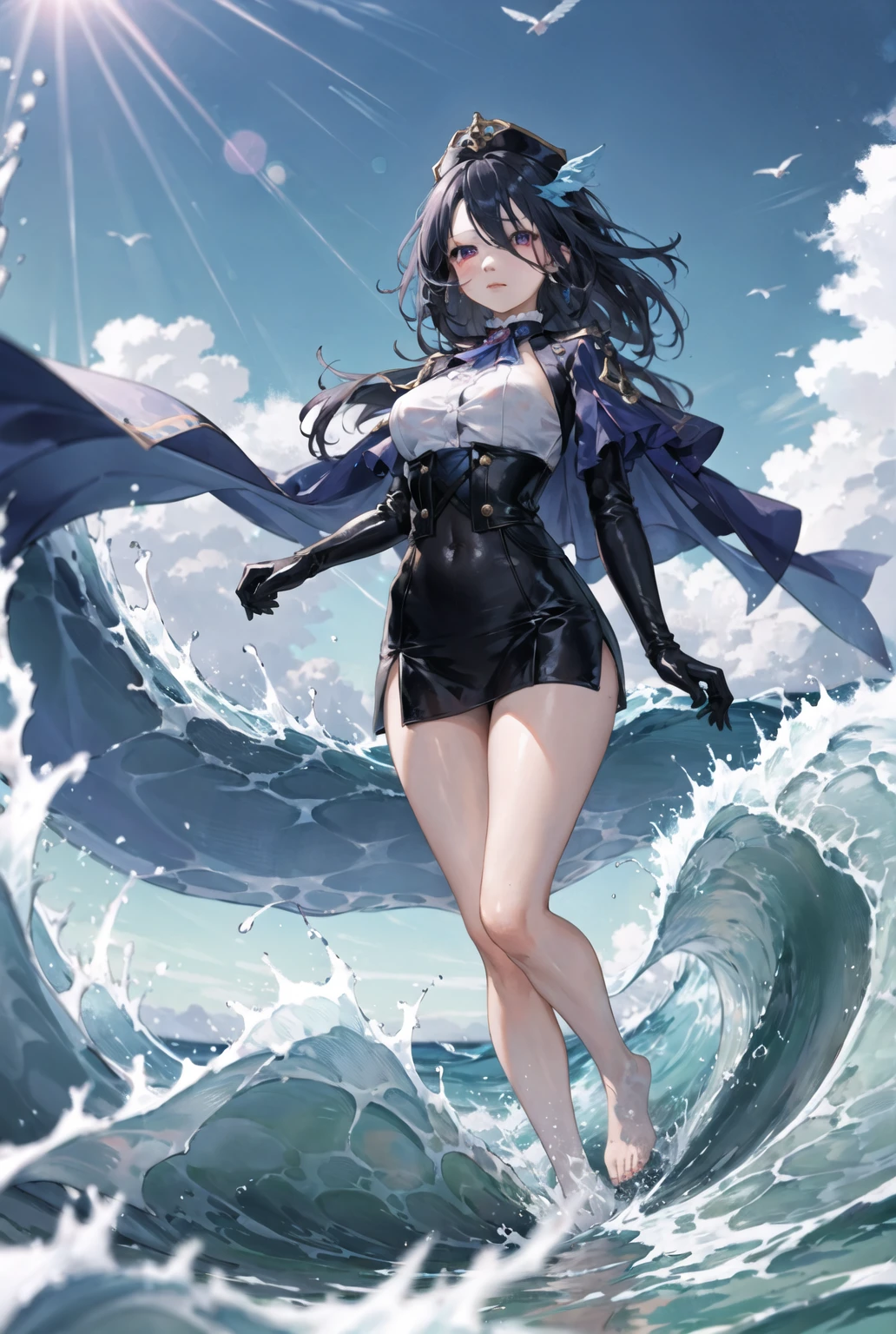 masterpiece, best quality, (Dynamic poses:0.5), absurd, 1 Girl,  Fighting Stance, Flushing, (Attack with water:1.5) Wet clothes, wet hair, Wet face, There is water behind people, multicolored hair, (wind:1.4)