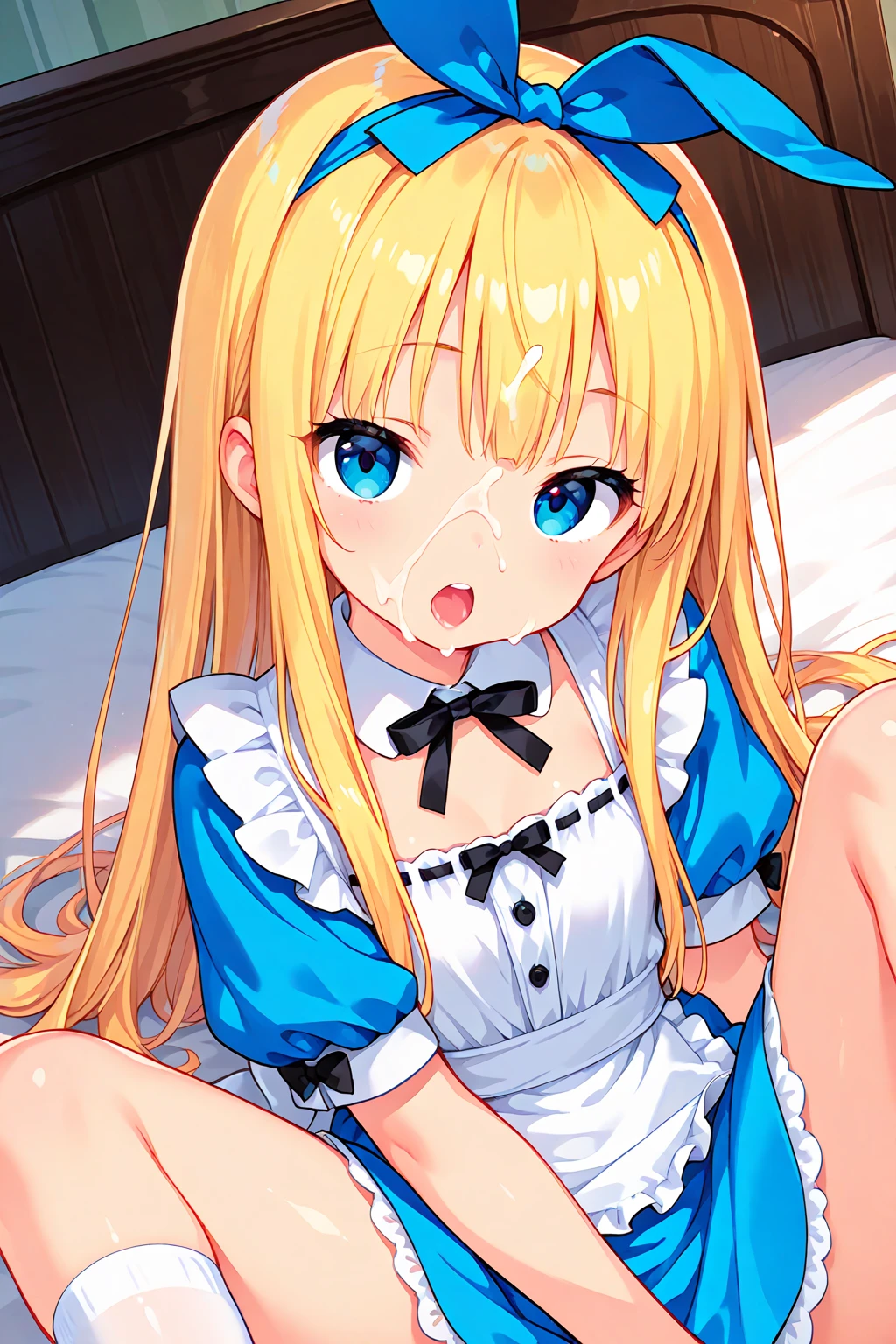 (NSFW:1.3),High resolution, (An illustration: 1.3), anime、((highest quality)), (Super detailed), (hotel big bed top:1.3)、(alice in wonderland costume:1.4),white and transparent skin、colorful blonde long hair,Delighted face、(close up of face 、paizuri, intrusion ,blowjob, deep throat:1.4)、blue ribbon on head