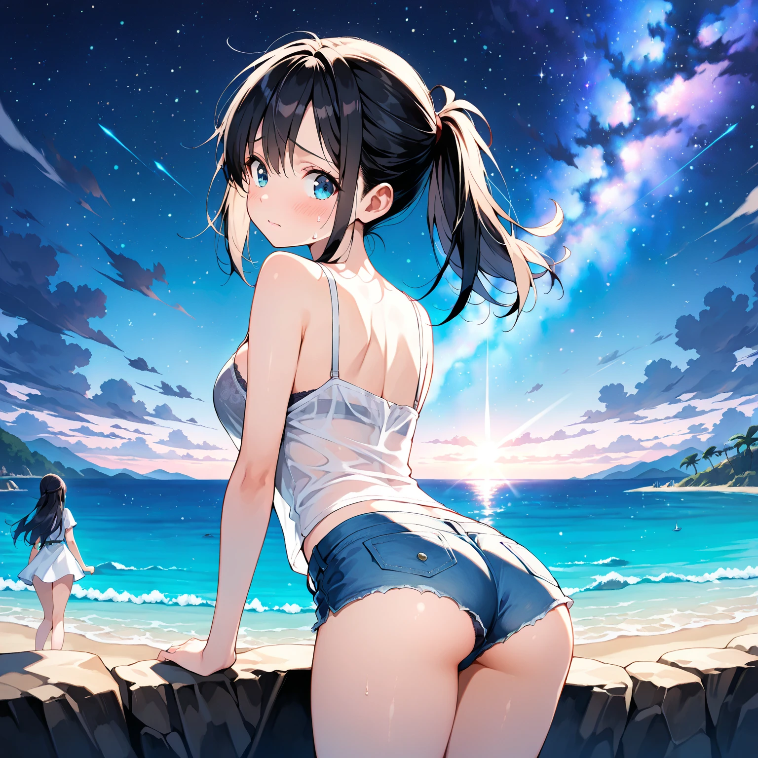 (Best Quality: 1.5), (Super Detail: 1.5), (Best Quality Photo: 1.5), Ocean as far as the eye can see, horizon, pitch black sea, full moon night, rainbow, midnight, scenic, beautiful landscape, galaxy, nebula dress, full of stars, light particles, very delicate and beautiful, very detailed, bioluminescence, cinematic light, mysterious, cinematic angle, 8k resolution, elegant, perfect, smooth, beautiful girl lying on the beach, very cute, smile, (delicate and beautiful eyes: 1.2), (girl: 1.5), lace, ribbon, strapless, topless, bottomless, luxurious accessories, solo, perfect body, water droplets,