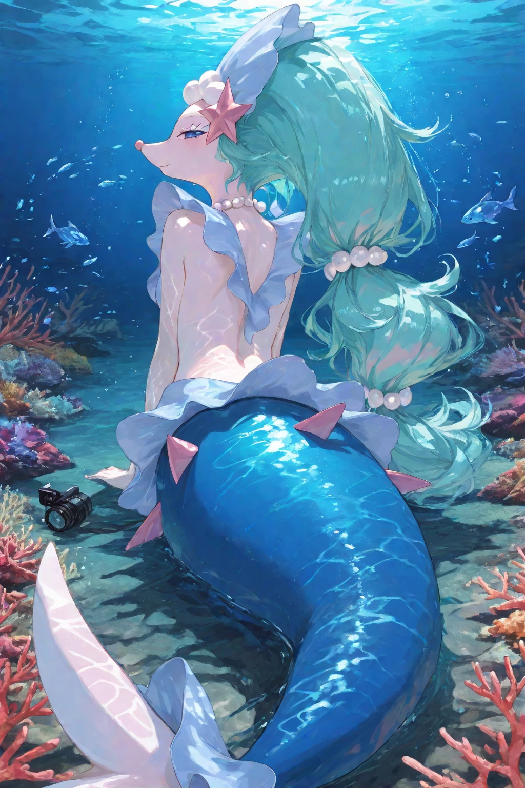 Colossal tits, slim figure, femele, Light blue super long hair, (((Little Mermaid))), a smile, (((In the sea))), low angles, Sunlight shines in, Hair on the tide, a junior high school student,realskin, fish flocks, masutepiece, in 8K, Beautiful, realisitic