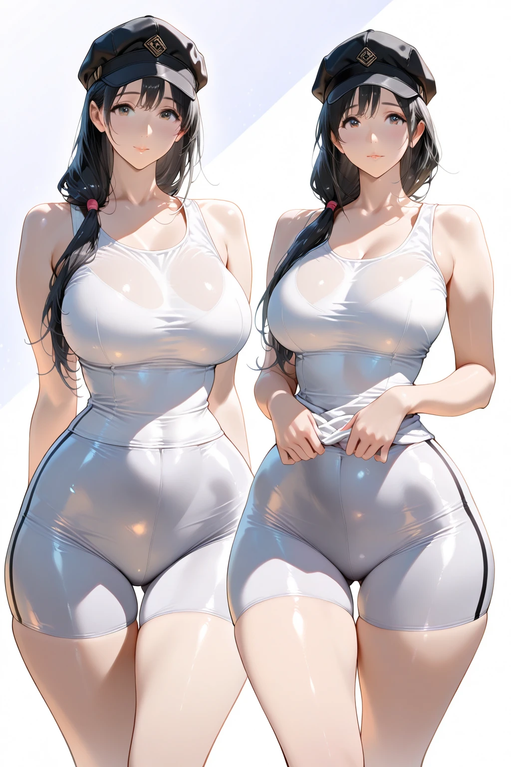 (a beauty)a beauty(masterpiece), best quality, expressive eyes, perfect face, Gym, exercise, hot, sweating, sweating的, tan, big, tan skin, panicked, blush, gray bikini clothes, see through, yoga pants, black hair,, Curvy woman , black hair ,black stockings bikini