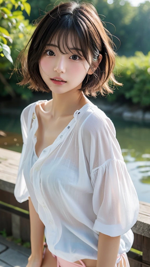 {{Browsing Caution}},((highest quality、In 8K、masterpiece:1.1))、Fisheye Lens 、1 female、Cute 20 year old woman、Translucent white skin、Delicate and beautiful skin、Human-like skin、Realistic texture、Cute Bob Hair、Shortcuts、ponytail、複雑な色hair、Complicated hairstyle、Gloss々hair、The bangs are cute、Cut the front hair evenly、Bangs Bangs、tie hair to the side、2 Blocks、Cut hair、hair length to the ears,、With both ears out、Looking at the camera、Looking at the camera、Lift your chin a little、Big double eyes、Very delicate eyes、Looks a little lonely、My eyes are moist、Highly detailed face、Keep your face firm、your face when you wake up、Sleepy face、Highly detailed lips、Thick lips、Slender body,Covered erect nipples,Glossのある肌,Take a full body photo、A feminine, toned body、Clothes are wet、Lots of water droplets on the skin、Disheveled clothes、her clothes are messy and erotic、draw the whole landscape、Please comb your hair、Detailed design、Originally、Bathing in front of the waterfall、Beautiful lake、