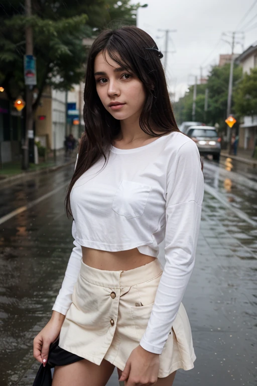 A cute wearing a short skirt which makes her pussy easy to see. She also has a white t-shirt on which is wet and that's why you can see her breasts.
