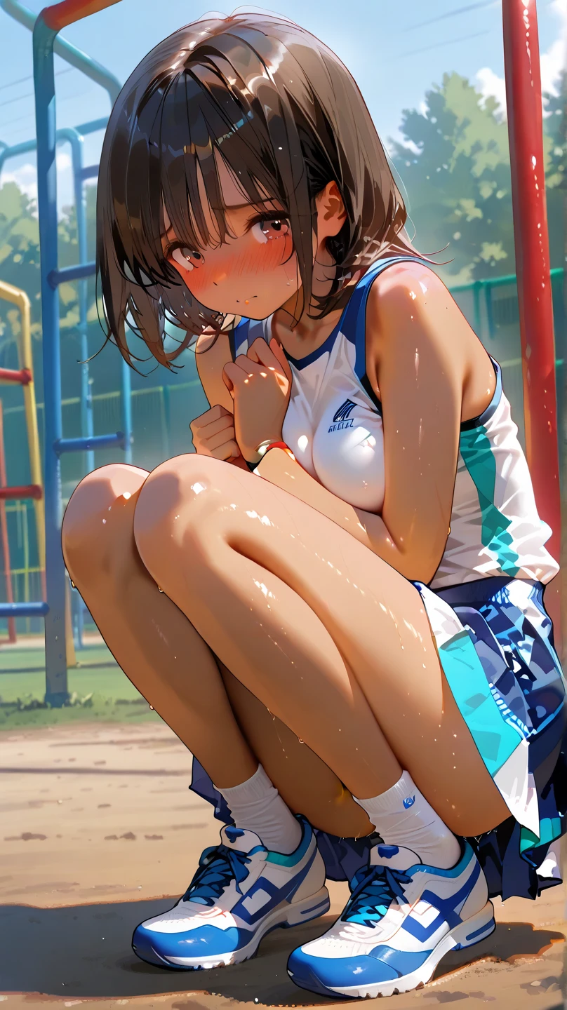 ((NSFW))、Masterpiece、Highest quality、Detailed、8K quality、Tabletop、beautiful girl、Big Breasts、Very thin body、Model body type、Track and field athlete、Athletics Stadium、Tracks on land、Sprinting、((Thick pubic hair))、(Detailed膣)、A lot of love juice、((Sweat))、((Leg spread))、((No correction))、smile、blush、