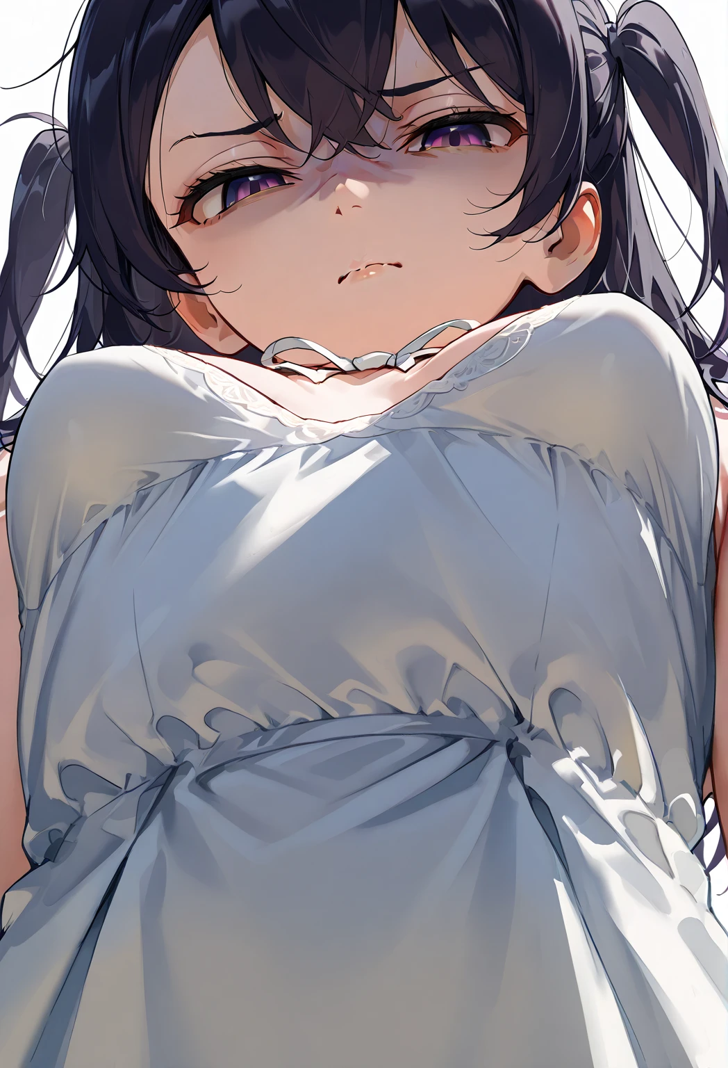 ((Masterpiece)), (((best quality))), hips wide open, ((blue colour eyes)), (((long brown hair))), ((shot White dress)), ((little girl)), (Annoyed face), (cute), ((blue silk robe))
