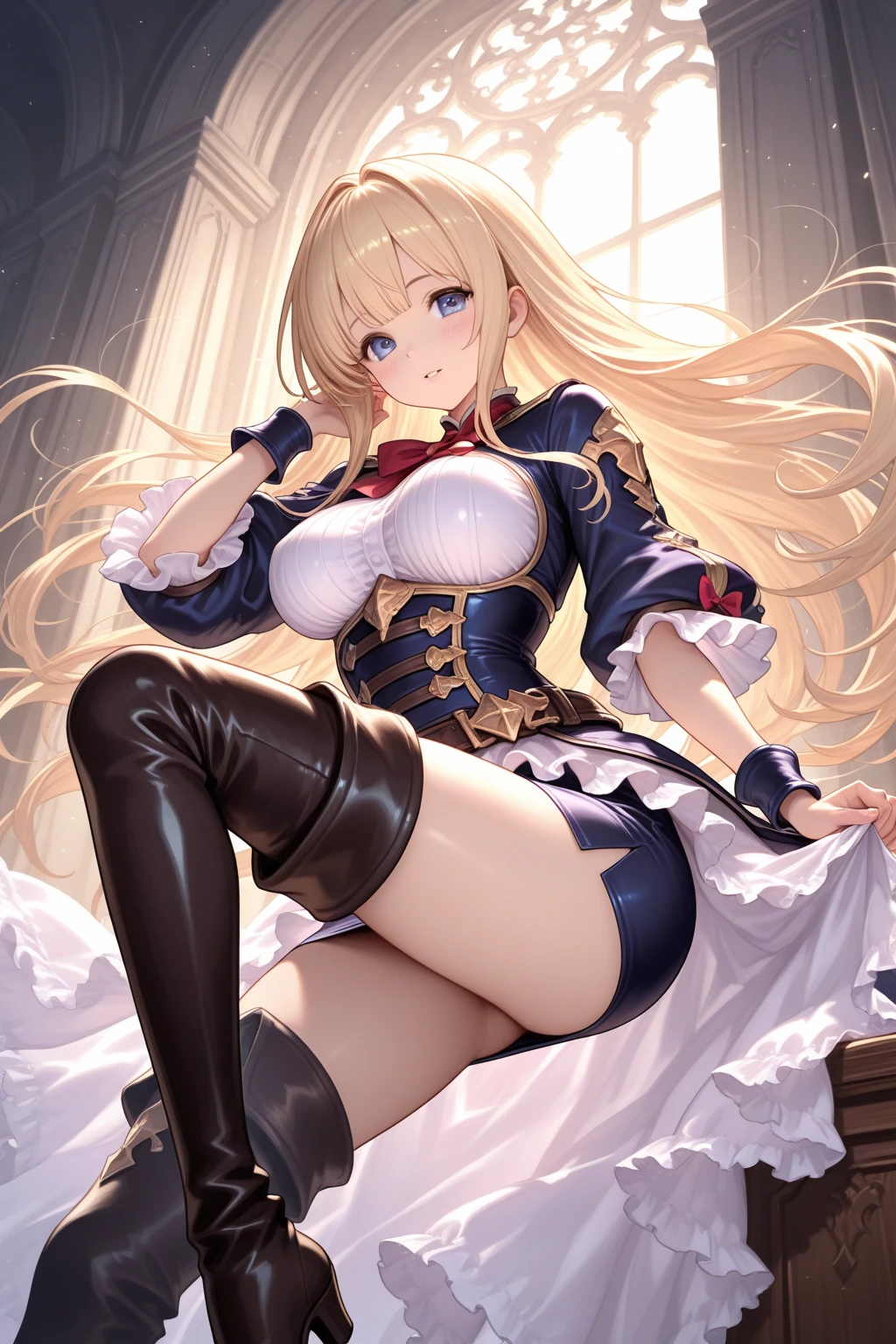 highest quality、one girl，full body figure，big boobs，big ，Perfect five-finger、two perfect legs、two perfect legs、Pecorine、、Pecorine、long hair、shy face、perfect thing、big breasts、detailed description、small details、detailed face、white skin、Voluptuous legs、Skirt flip、lift skirt、White panties、whitepanty、erotic pose、raise your legs、raise your legs、M-shaped legs、arm belt, armor, ascot, blue socks, boots, dress, gloves, hair ornament, open clothes, open dress, pauldrons, pleated skirt, puffy short sleeves, puffy sleeves, red ascot, red skirt, short sleeves, shoulder armor, single pauldron, skirt, socks, white dress, white footwear, white gloves,