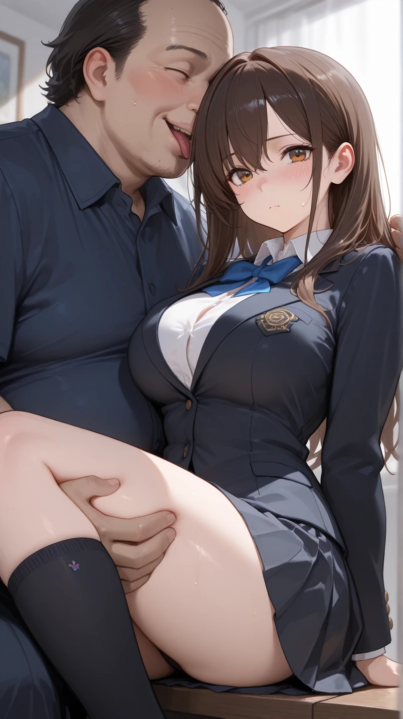 ((best quality)), ((work of art)), ((detailed)), woman with brown hair and bangs, in a doggy-style position, against a wall, skirt lifted by a man who is taking her from behind, breasts exposed, semi-nude, expression of pleasure
