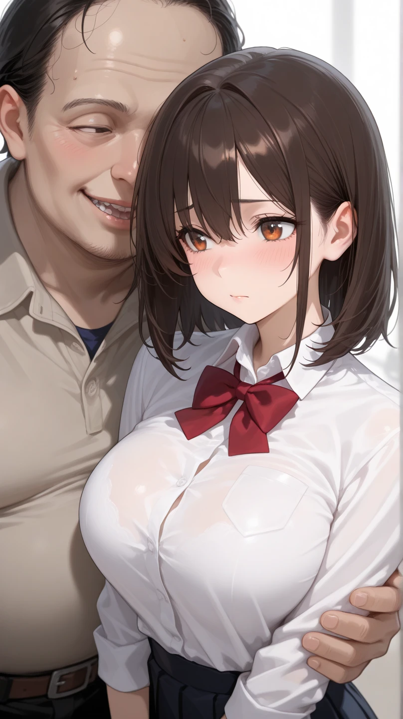 ((masterpiece,High resolution,Highest quality,8k))
(Black brown hair、short hair、Black brown eyes、Big Breasts、Red Lingerie、Handsome、high school girl）)Front view,Big Breasts、Principal room、Ahegao、White semen on the face、White semen on the chest、Condom Belt、Used Condoms、Blowjob practice