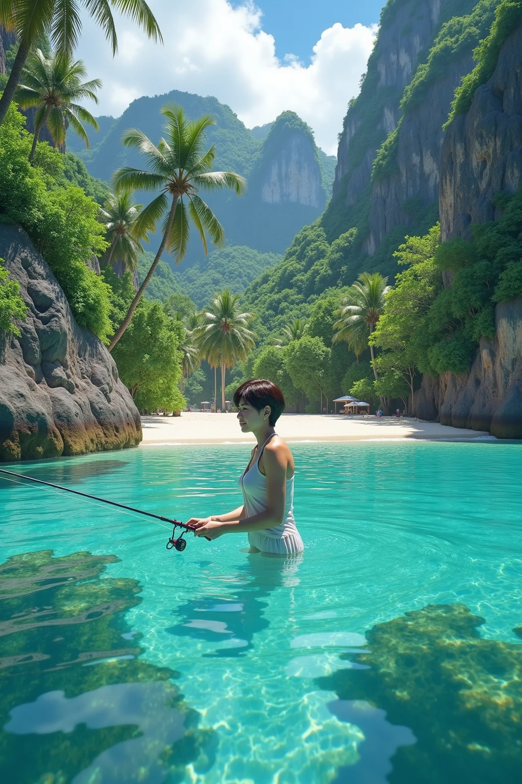 A (sexy young woman, spear gun, snorkel, flippers on feet) is spear fishing in a magical sea, all of the fish are flowers (brightly colored, many varieties) swimming this way and that (flower|fish}