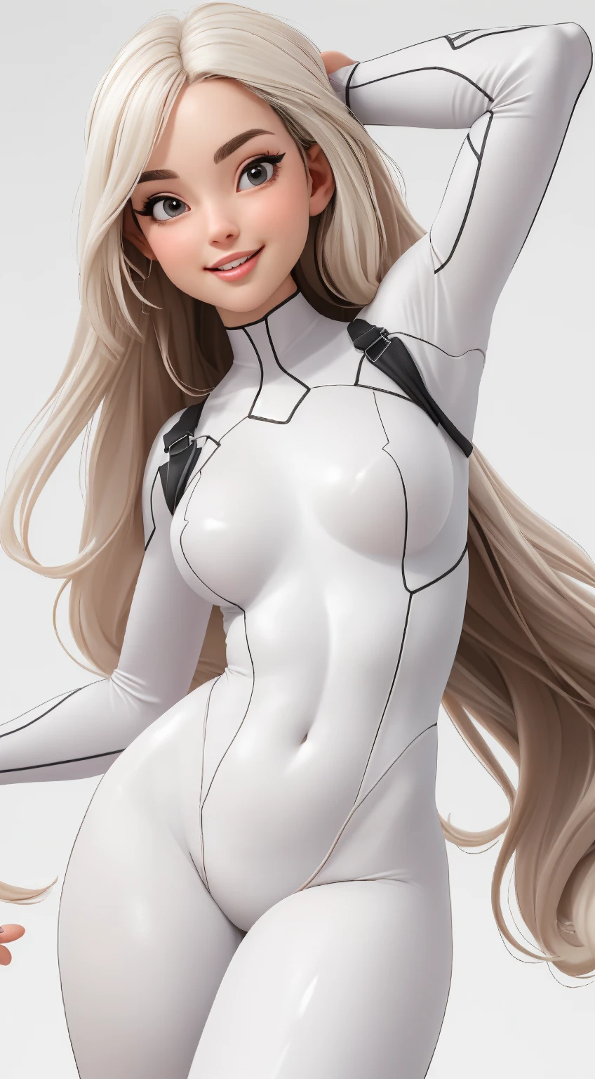 Ariana Grande, Long brown hair, light brown eyes, white leotard, black background, front View, looking camera, sexy pose