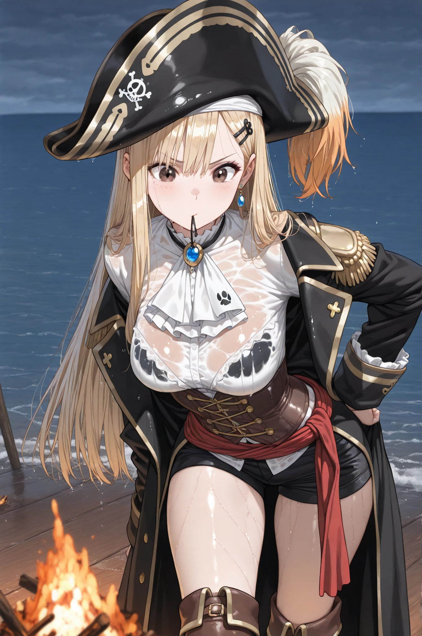 best quality,4k,8k, highres, masterpiece:1.2), ultra-detailed, extremely detailed eyes, extremely detailed body, (large masterpiece digital art), (detailed manga illustration), (detailed line art), ((perfect anatomy)), (intricate details:1.3), (ultra-detailed:1.3), (illustration:1.3), (sharp focus:1.3), (natural lighting:1.05), (vivid colors:1.3), (masterpiece), (best quality:1.4), (perfect anatomy:1.4), high quality, expressive eyes, full body, detailed face, beautiful face, perfect face, 1 girl, breast, large breast, cleavage, detailed hair, medium hair, orange hair, hair over one eye, purple eyes, eyepatch, (whale girl), pointy ears, pirate, pirate hat, tricorne, earrings, ((yellow shirt)), crop top, cross-laced clothes, belt, wide smile, (sharp teeth), teeth, ((cropped jacket)), holding weapon, gunblade, gun, (midriff), asymmetrical clothes, (asymmetrical pants), gloves, curvy, two-tone skin, black skin, jewelry, Intricate, High Detail, Sharp focus, dramatic, cinematic lighting, dramatic atmosphere, (((coastline background))), soft bokeh of beach,