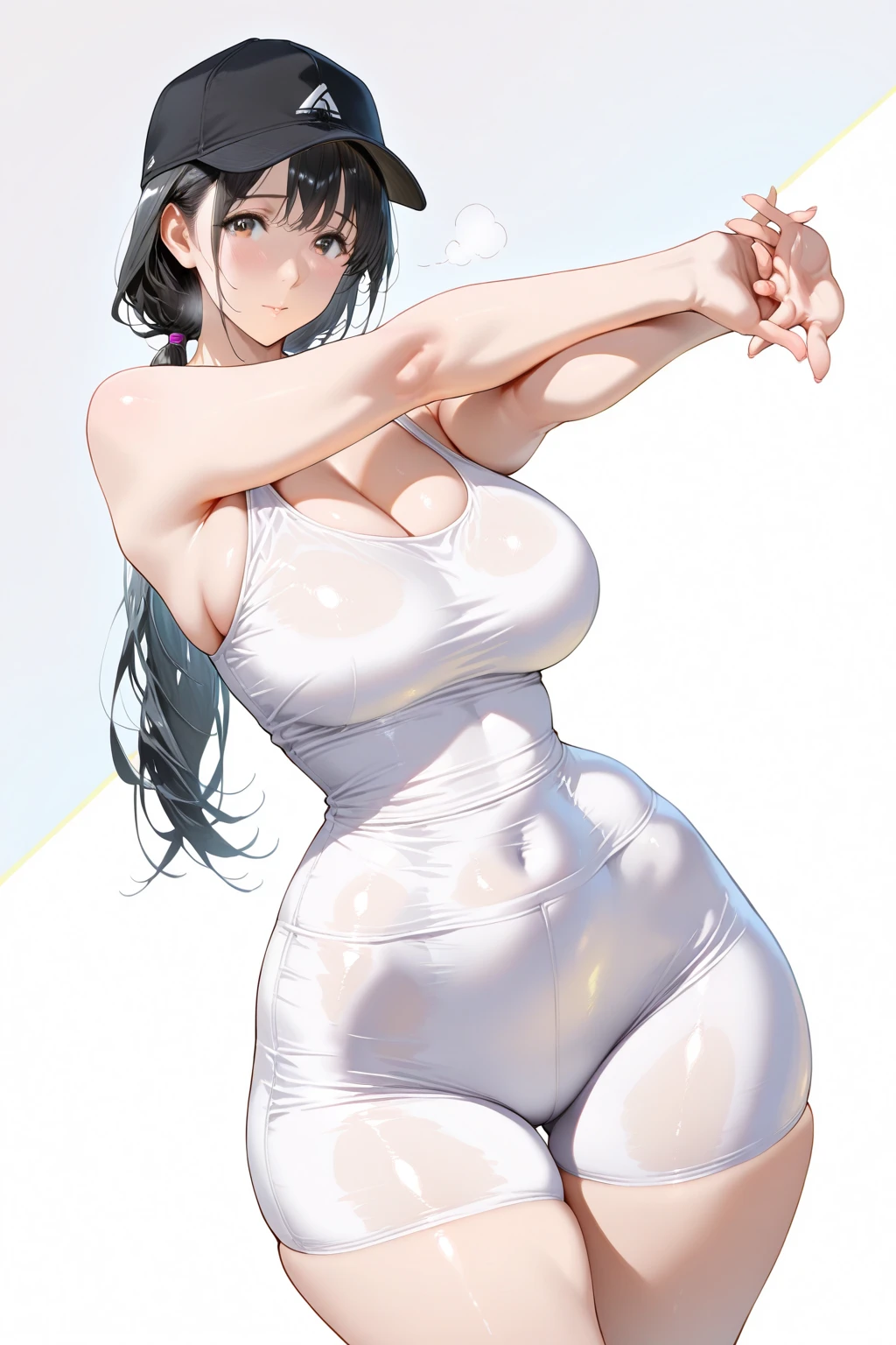 takeda hiromitsu style, ,Reddish brown hair,Anime Cel Style, highest quality, High resolution,Place your hands behind your head,Bow-legged,spread one&#39;feet,  (Huge breasts:1.4), blush, Embarrassing, smile,Full body latex suit,My whole body is sweating,Big Breasts,Big Ass,Thick thighs,reddish brown long hair,Mole under the eye,Red glasses