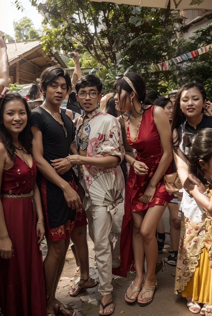 Europan man standing in the centre surrounded by a group of 10 vietnamese young women dressed in colorful, including black and skins bathing in river. The women have long, straight hair and fair skin, some of them placing their hands on his shoulders or body. photorealistic, ultra-detailed, 8k, best quality, masterpiece, dramatic lighting, warm colors, cinematic, serene atmosphere, intricate details, natural environment, cultural elements