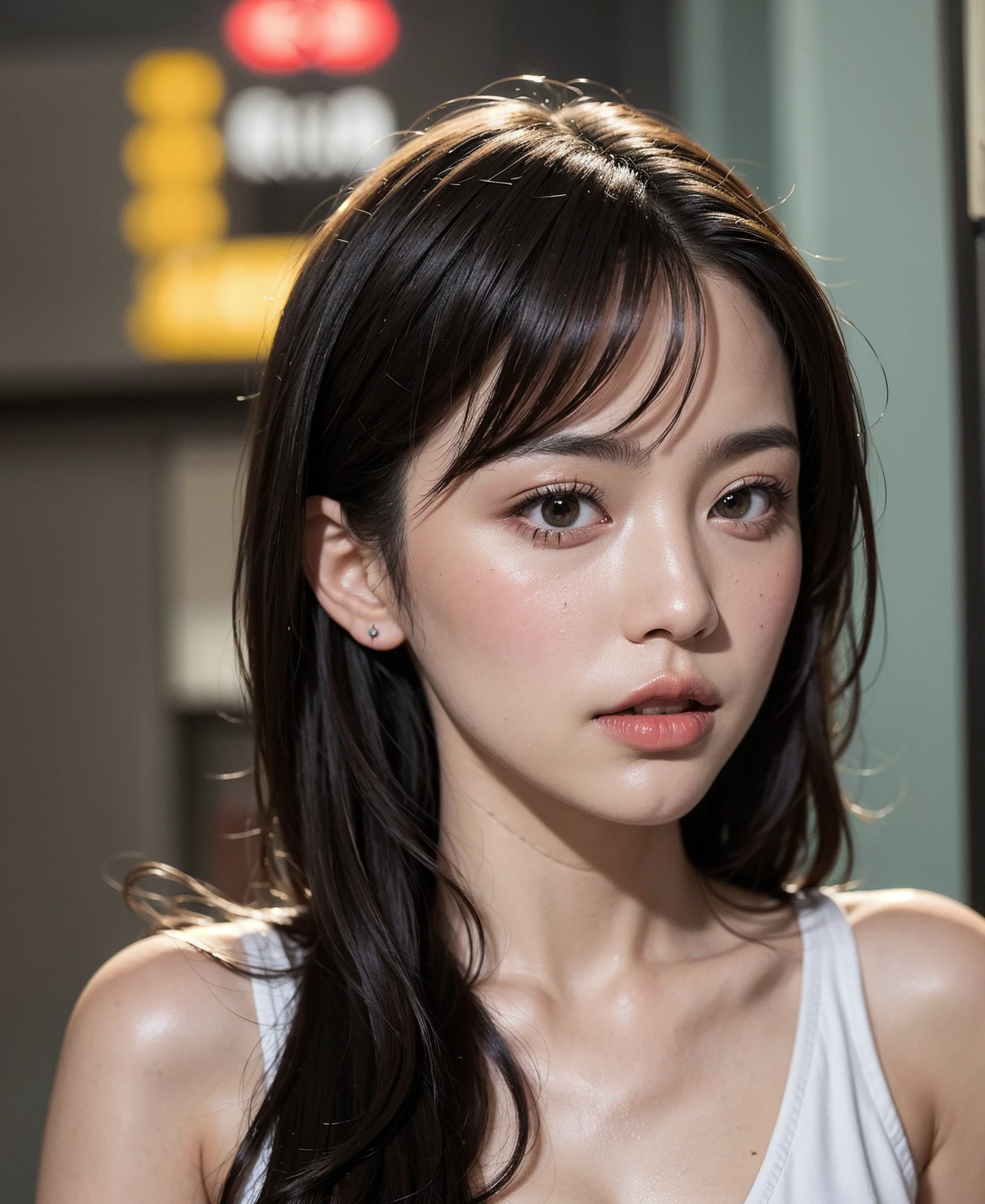 (extra detailed body、extra detailed 、best qualtiy:1.2)、femele、dark brown hair , looking at the viewers、damp sexy , curvy body , adult movies actress , detail skin texture, full body waist up pose , (Fantastico clothes、cleavage of the breast、Large shoulder-length silver earrings、Silver fancy necklace)、(Stylish wall in blue, gray and white on background:1.4)