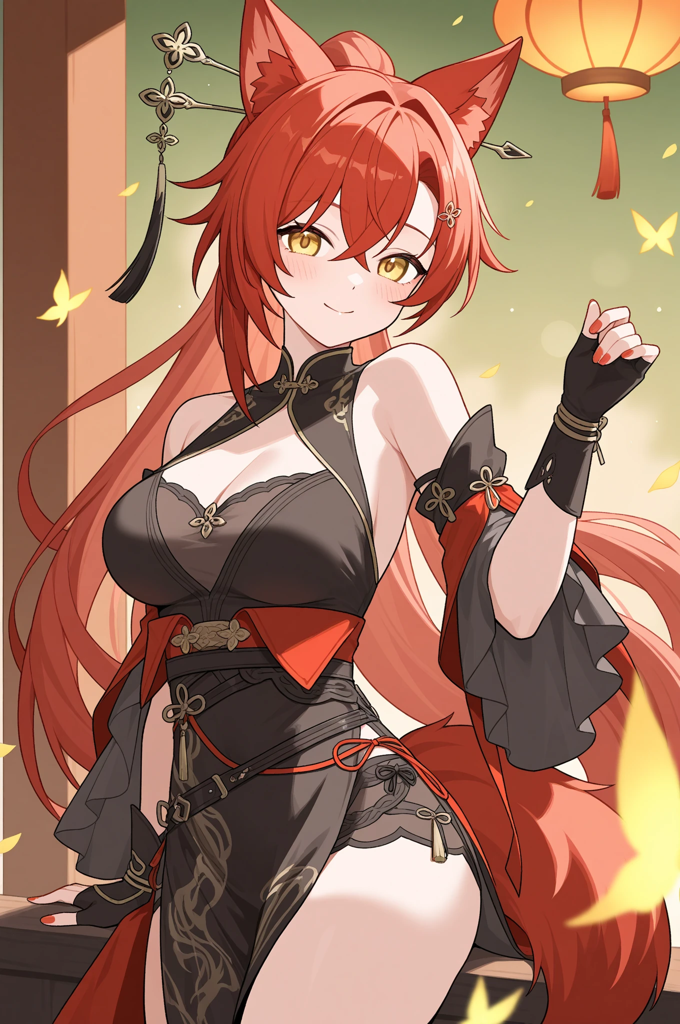Adult woman, long red hair, Yellow eyes, fox ears and tail, Luxurious open dress, pomade, ssmile, Masterpiece, hiquality