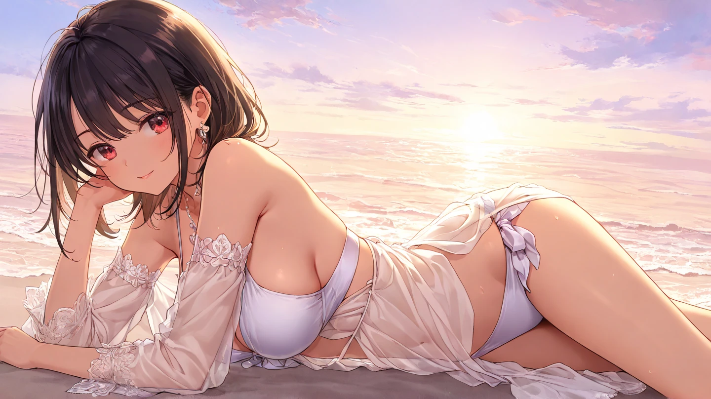 (1 girl), type: Digital Art
Style: Anime style Color: Predominantly red with black and white contrasts,
Eye color: bright crimson red, with luminous highlights.
Hair color Black with red highlights,
Hairstyle: Long with twintails, adorned with traditional red and gold hair ornamentischievous and playful smile with a touch of mischief))), sadistic, muscular legs, (((beach scene))), Standing, manicured nails, red nails, ((wearing a very short bikini)), wearing a red high heel shoe, HDR, ultra quality, bright eyes, masterpiece