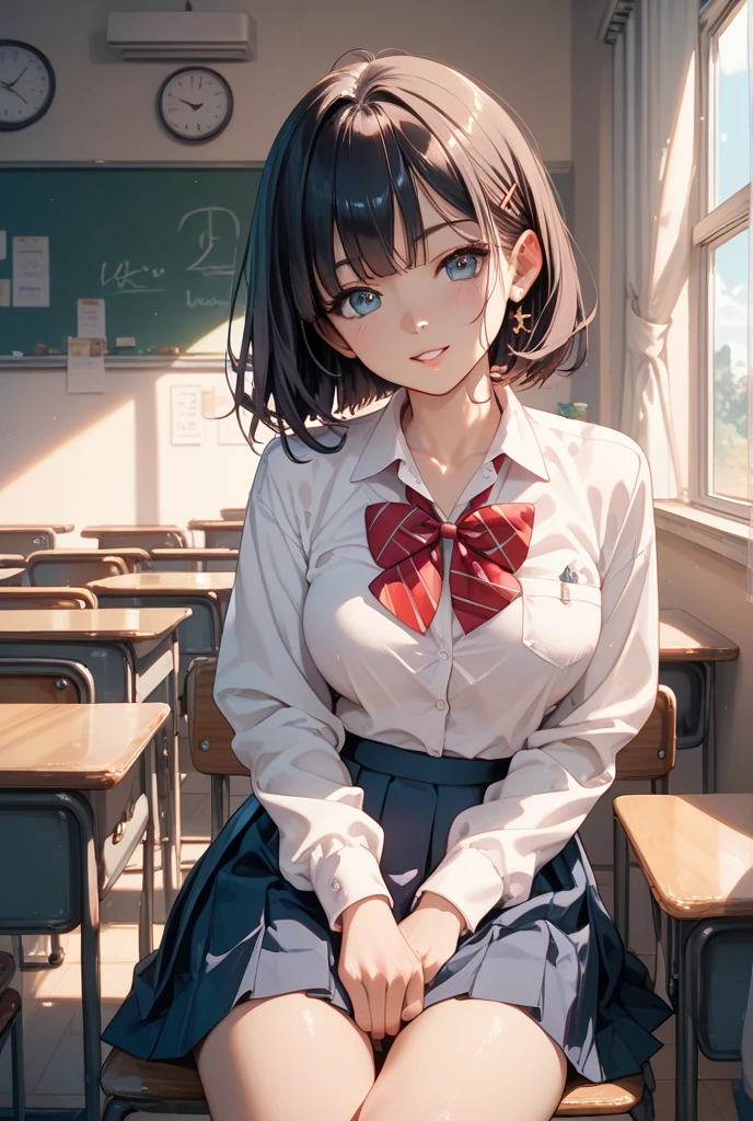 ((masterpiece,Highest quality:1.3,best quality illustration)),((realistic:1.2)),cowboy shot,solo,1woman,18 year old beauty、black hair,short bob hair,(center parted bangs),black eyes,(gorgeous big eyes),((very small head:1.3)),shy,smile,((slender body,skinny)),(tan skin:1.4),small breasts,White short-sleeved collared shirt、red bowtie,Navy blue pleated mini skirt),gleaming skin,oily skin,slender body,sweat,classroom、School、Tokyo、