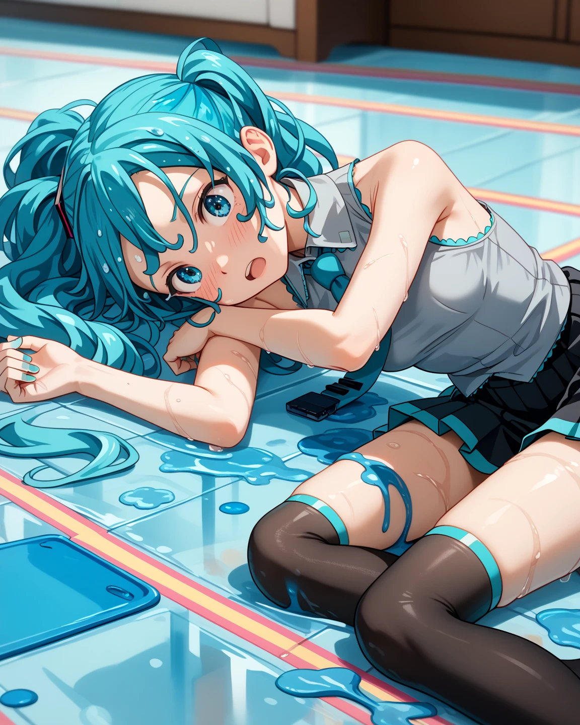 1 girl, solo, long hair, blue hair, green eyes, heavy makeup, eyeliners, Gothic girl,Lie on the ground,Metal bandage binding,Mechanical bikini bondage,Tightened,There is a lot of rope, A lot of rope hung in the room,Giant lllMottlej is full of rope nets,Look down on me,Sweat beads,Abusive expressions,Begging expressions. Greasy skin. Anime hentai art, Sweat profusely,drenched all over the body,seen from the front, hair straight, mostly cloudy sky,(((tmasterpiece),(Very detailed CG unity 8K wallpaper),best qualtiy,cinmatic lighting,detailed back ground,beatiful detailed eyes,Bright pupils,(Very fine and beautiful),(Beautiful and detailed eye description),ultra - detailed,tmasterpiece,)),wet all body(( (Drenched body)) white milk spill, ((ahegeo face)), blushing face,