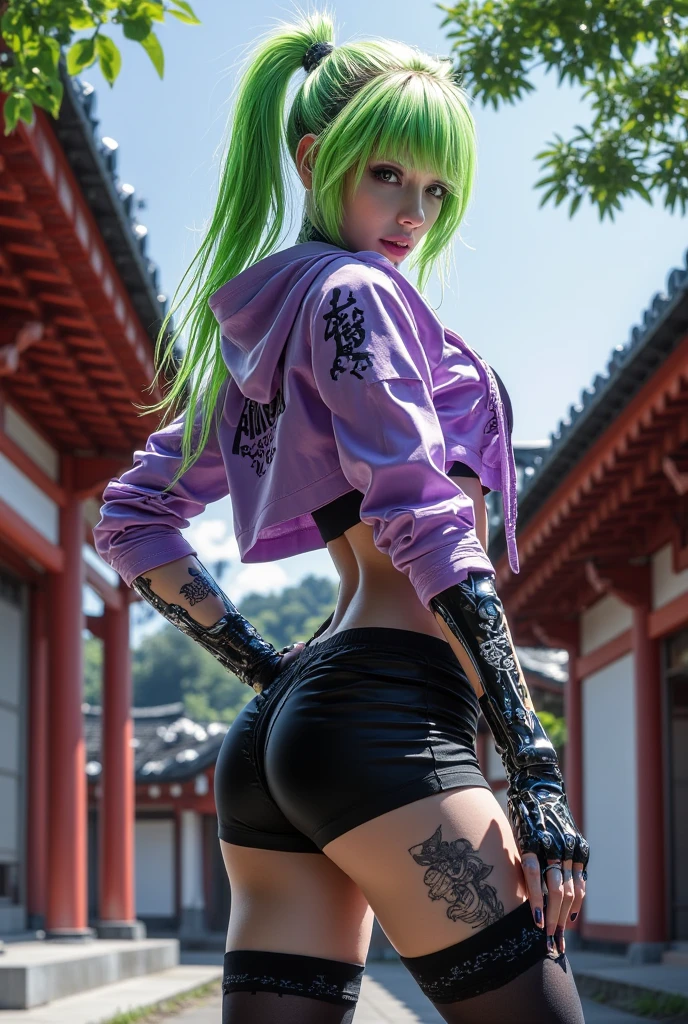 ((Best quality)), ((masterpiece)), (detailed), perfect face, ultra-detailed, 1 sexy girls, Appearance = beautiful, rock style, Young, perfect body, dressed in emo style, thong, looks like emo, emo appearance, perfect body, green hair, blue eyes, show ass, dynamic sexy pose