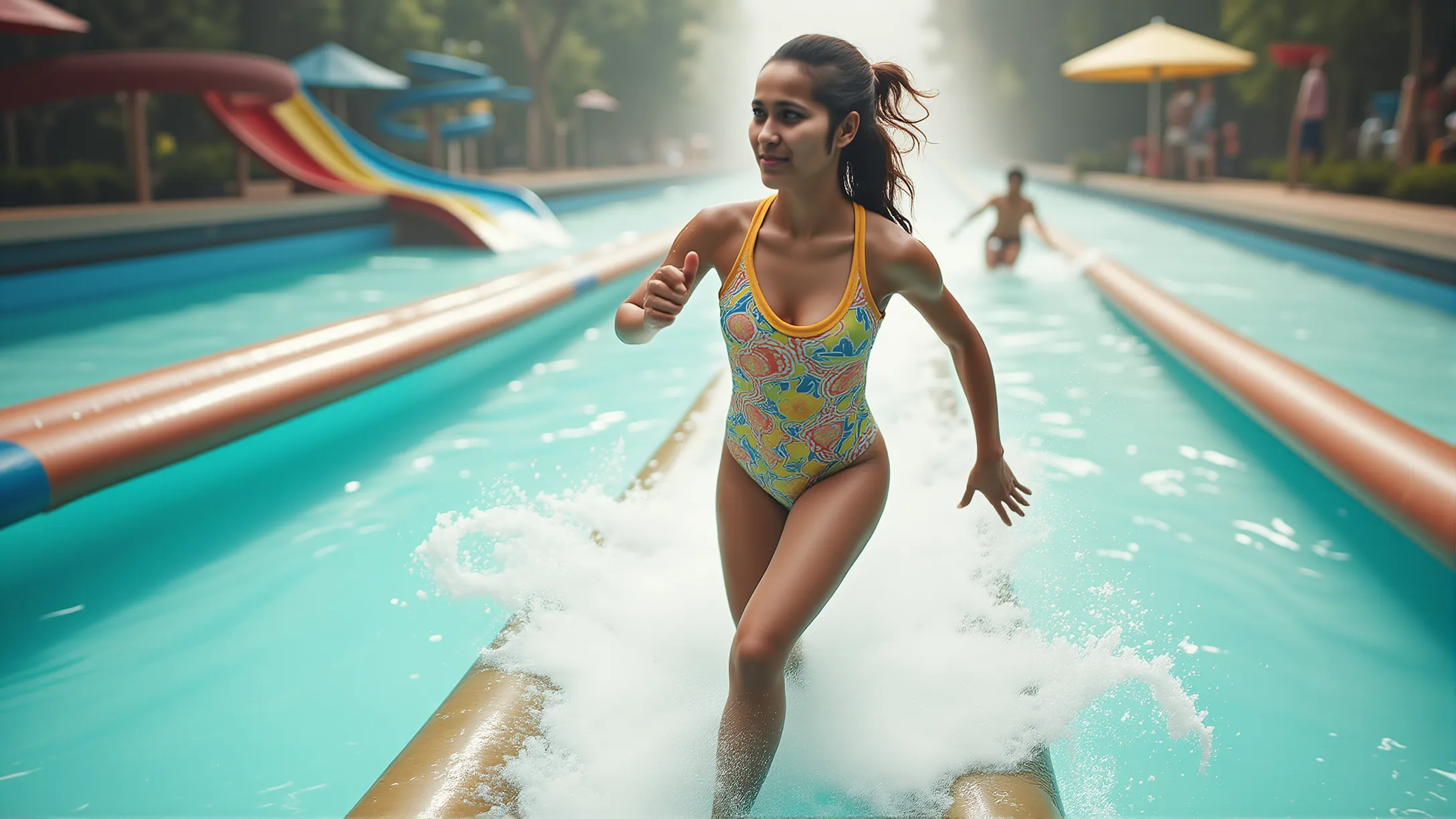 glossy hyper-realistic image, an indonesian girl coming out of a slide in a water park, Beautiful breast, medium breast, flying through the air in a swimming pool, long messy black hair, crazy laughter, shadows, effects, water splashes, getting wet, a cheerful summer picture, very detail,masterpiece,vibrant colors,stunning visuals,ultra skin texsture,stable diffusion,perfect anatomy,crazy details,realistic lighting
